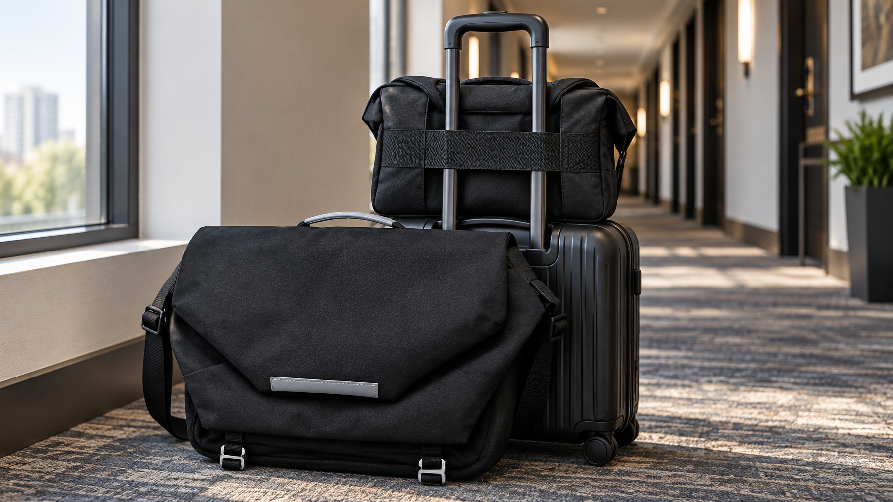 Black 600D Oxford messenger standing beside a rolling suitcase with the luggage pass-through strap visible on the back