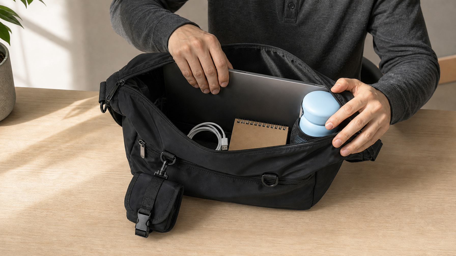 Open black messenger on a desk with a lean kit: laptop in main cavity, short cable, notebook