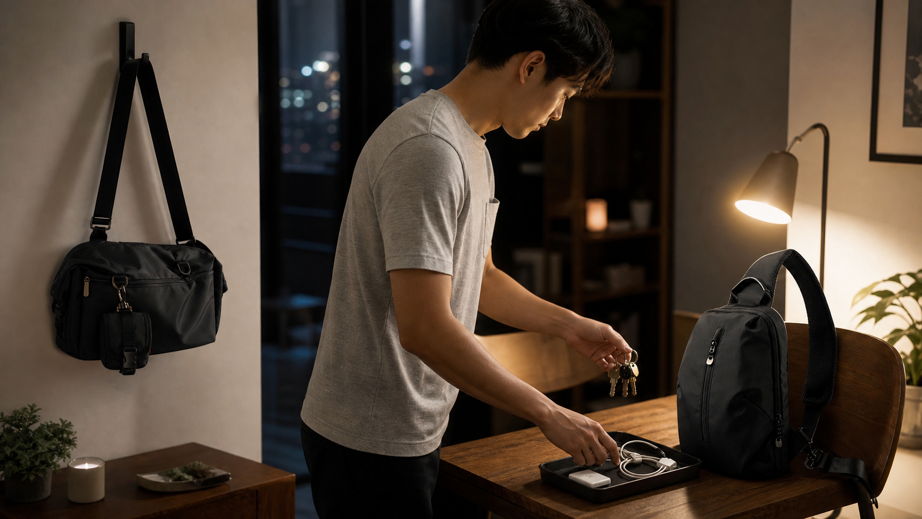 Evening apartment scene with messenger on a wall hook and sling on a chair during a bag reset