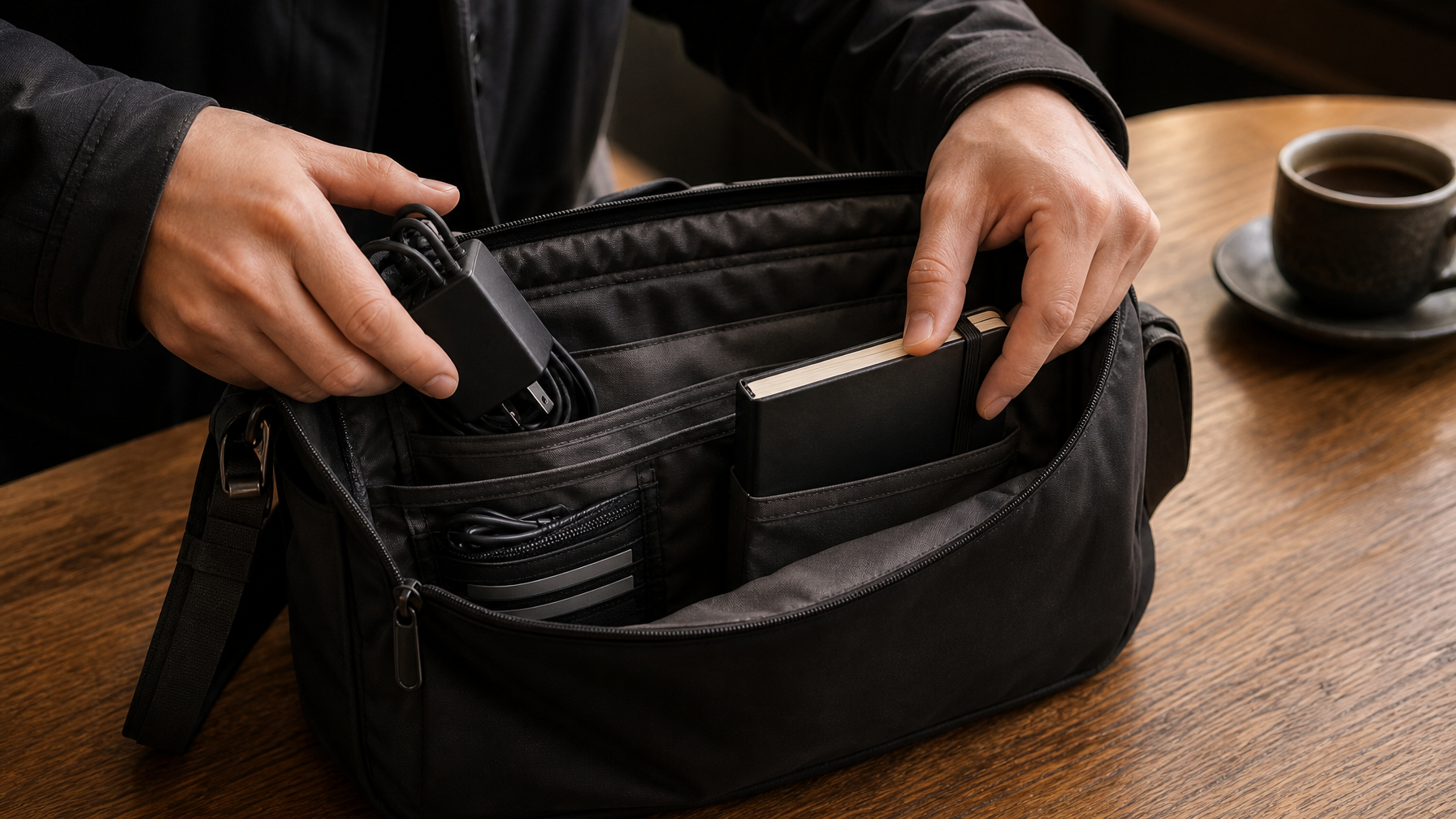 Hands pulling a laptop charger and notebook from the organized interior of an open dark crossbody messenger bag on a café table