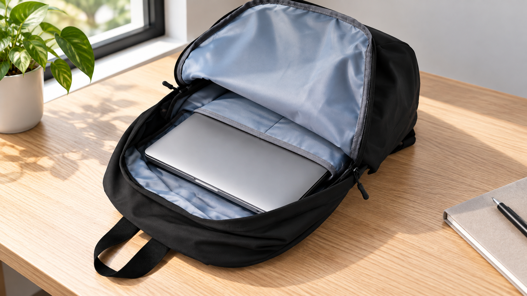 Open black everyday laptop backpack with a closed 15.6-inch laptop in a padded sleeve on a light oak desk
