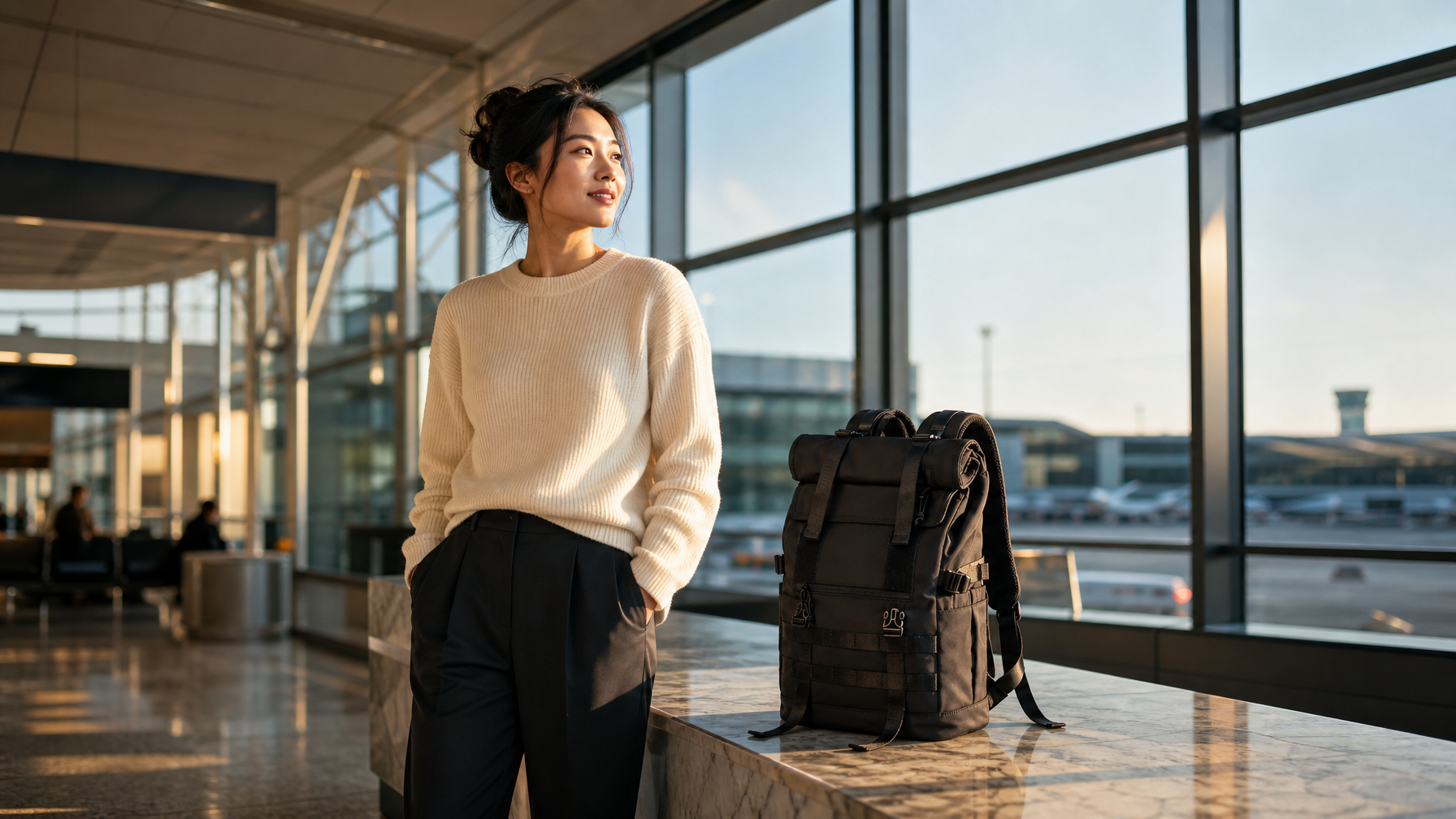 Asian female professional sitting in airport transit lounge with a sleek black travel backpack