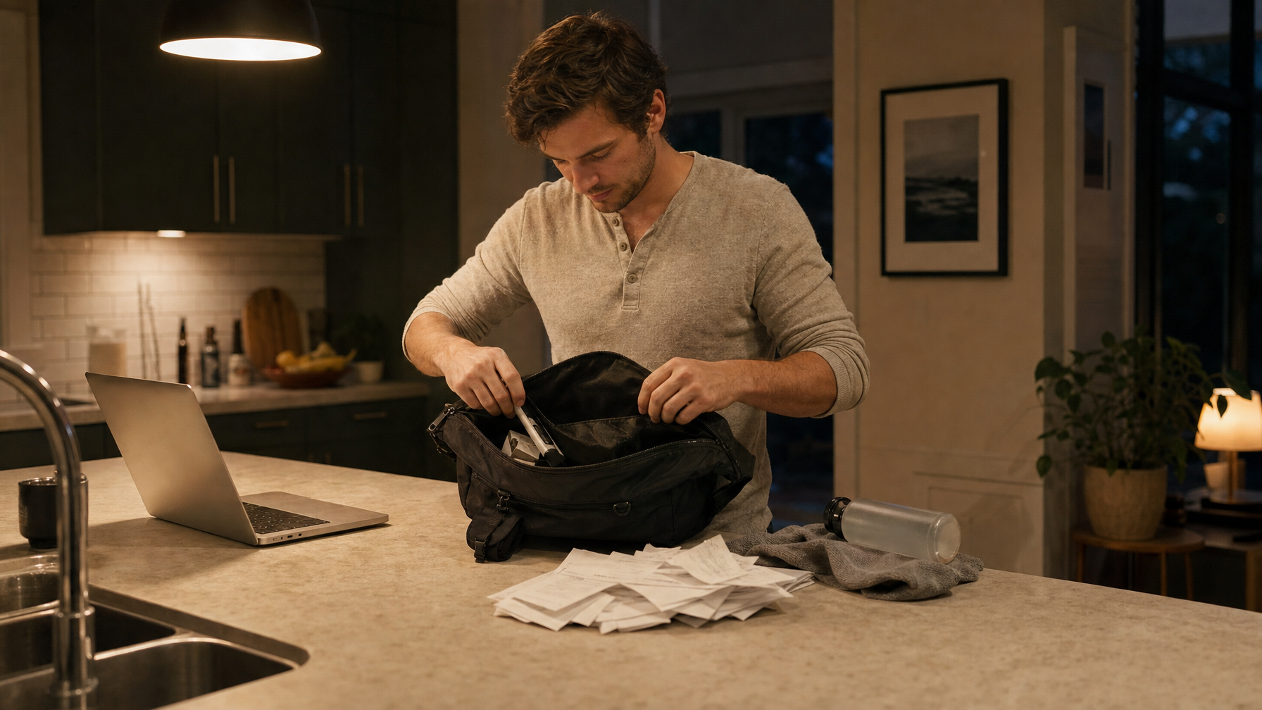 Evening kitchen counter with an open black messenger, a laptop already set aside, and a small pile of receipts and a water bottle on a towel