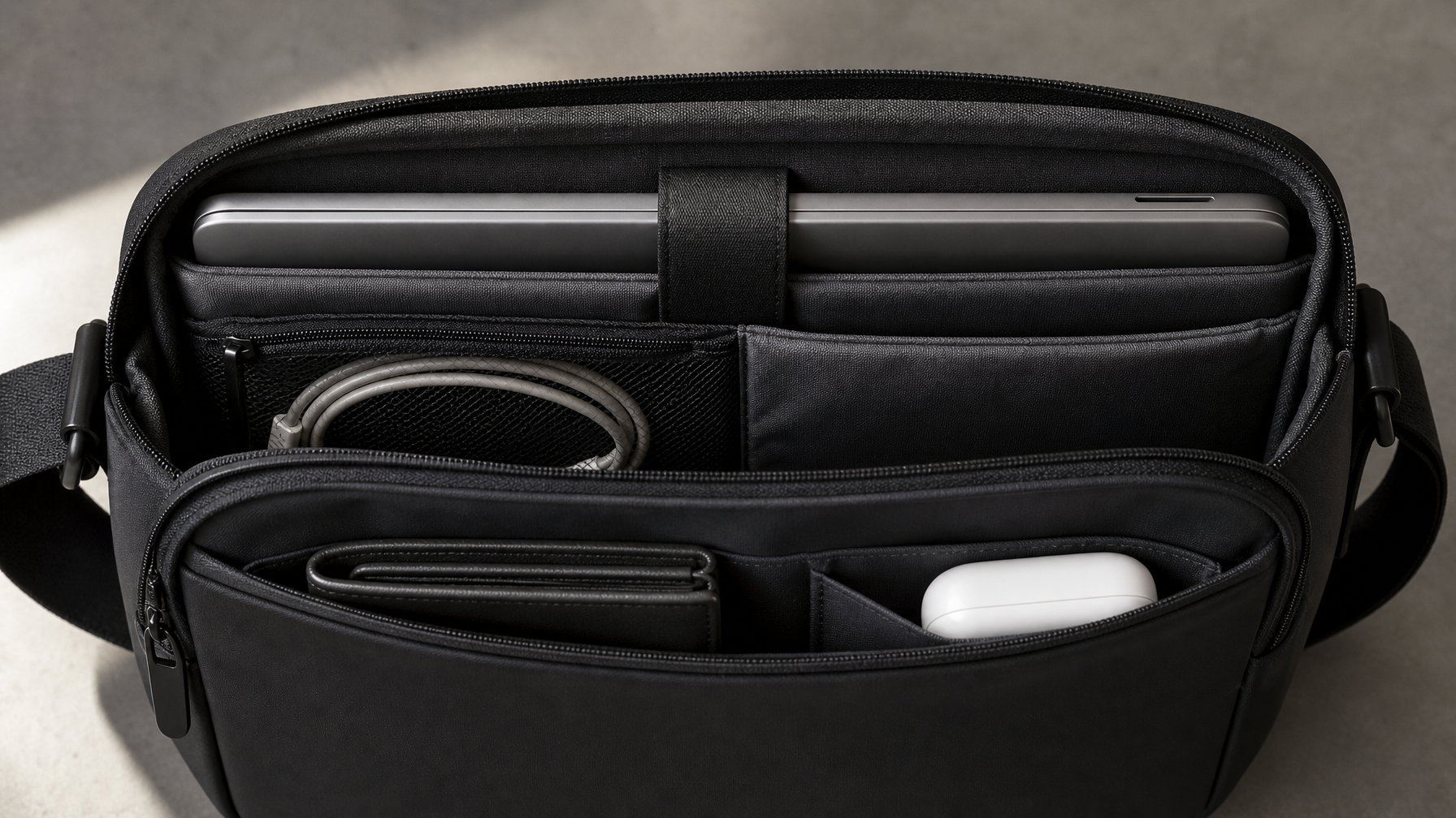 Overhead close-up of a matte black crossbody messenger bag interior — padded laptop sleeve with MacBook inside, mesh pocket with coiled cable, organized zones with wallet and earbuds visible — minimal and satisfying organization