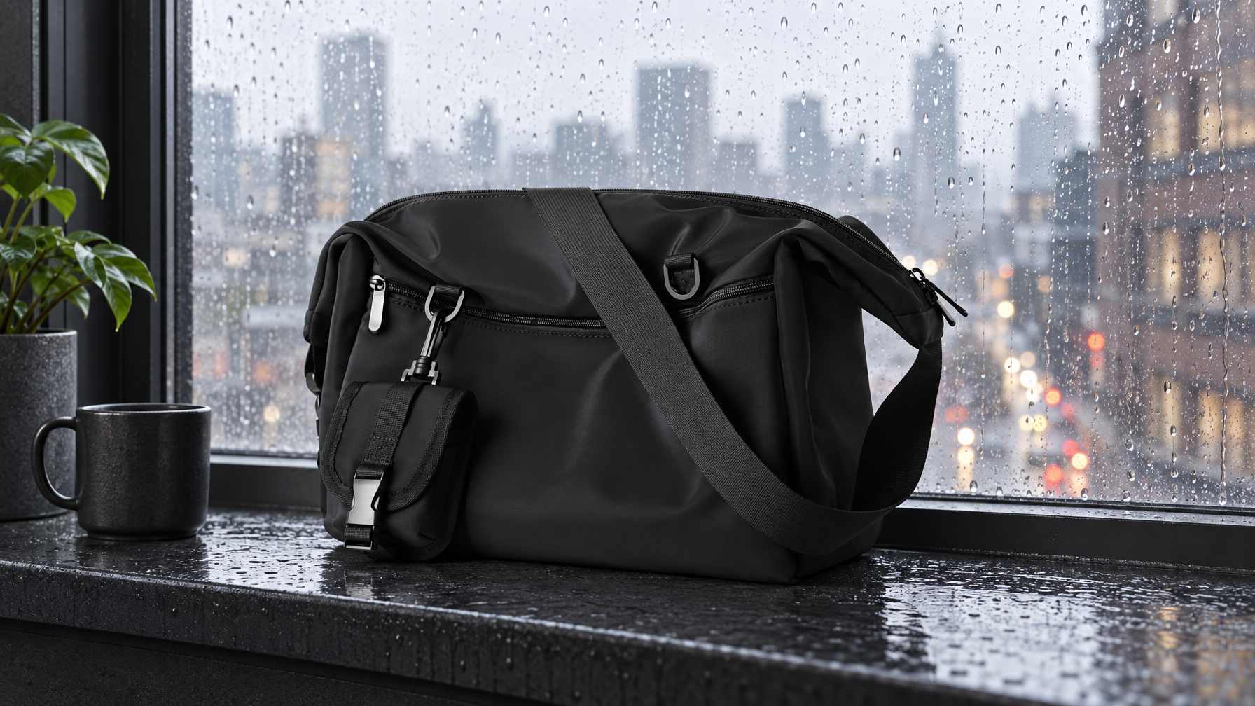 Black Oxford 14-inch messenger standing by a rain-wet city window