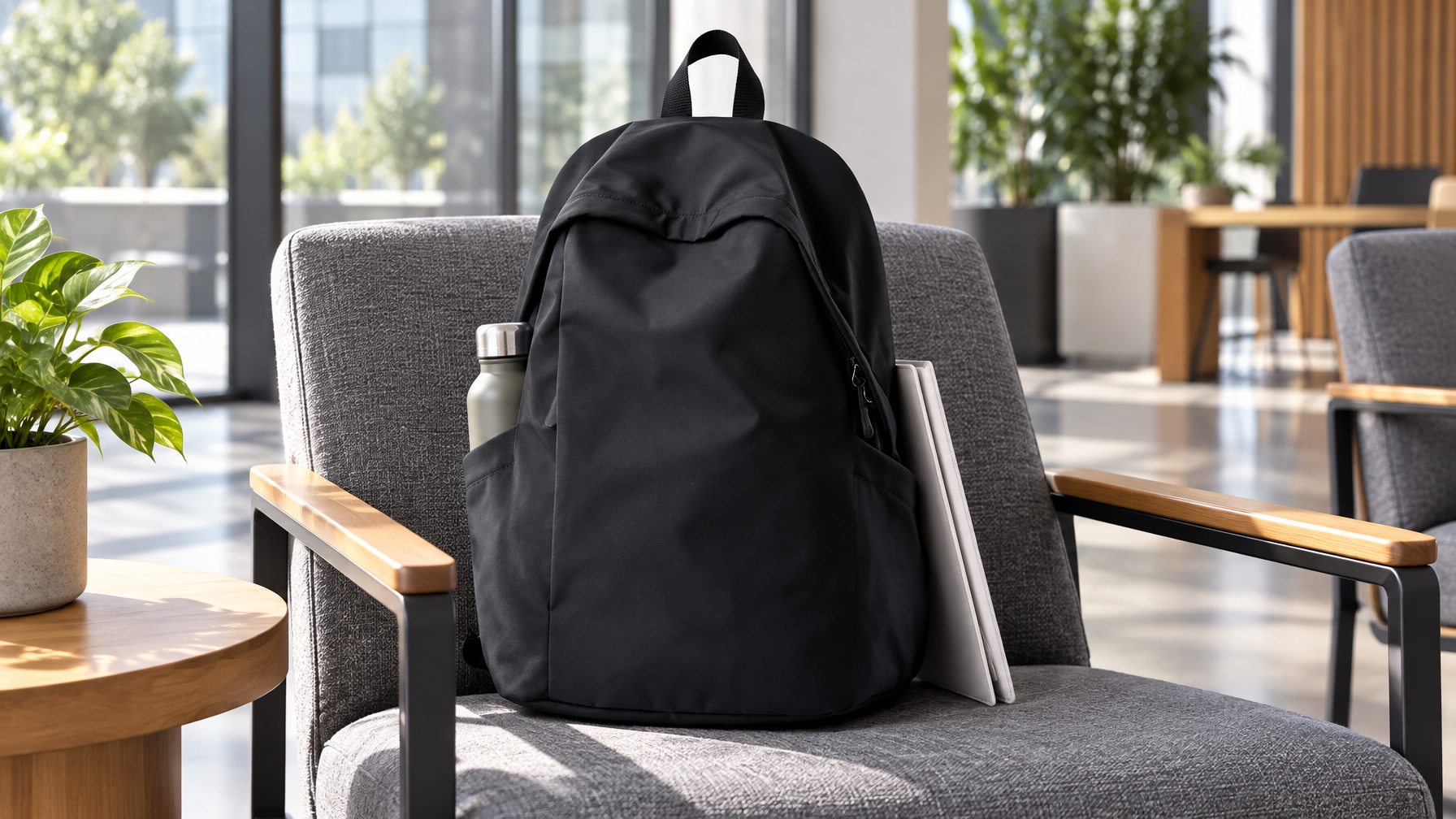 Lightweight black day backpack on a coworking lobby chair with a water bottle and folder