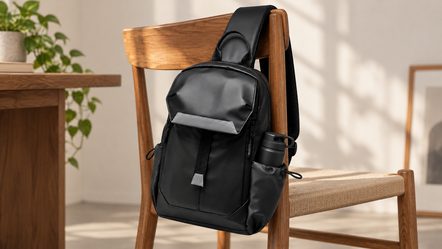 Black organized everyday sling hanging on a wooden chair with a compact bottle in the side pocket