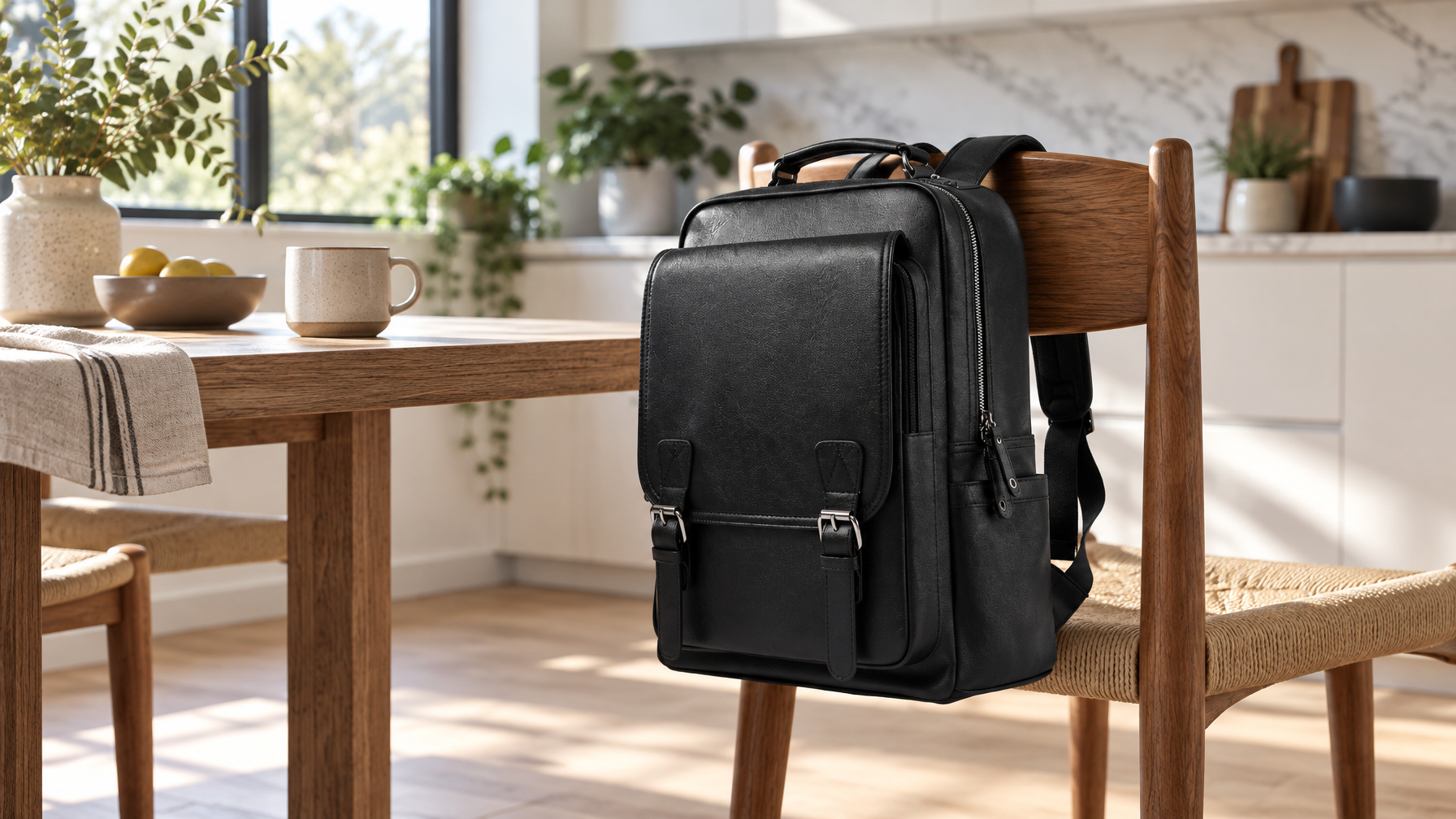 Soft black everyday laptop backpack hanging on a wooden kitchen chair by the top handle