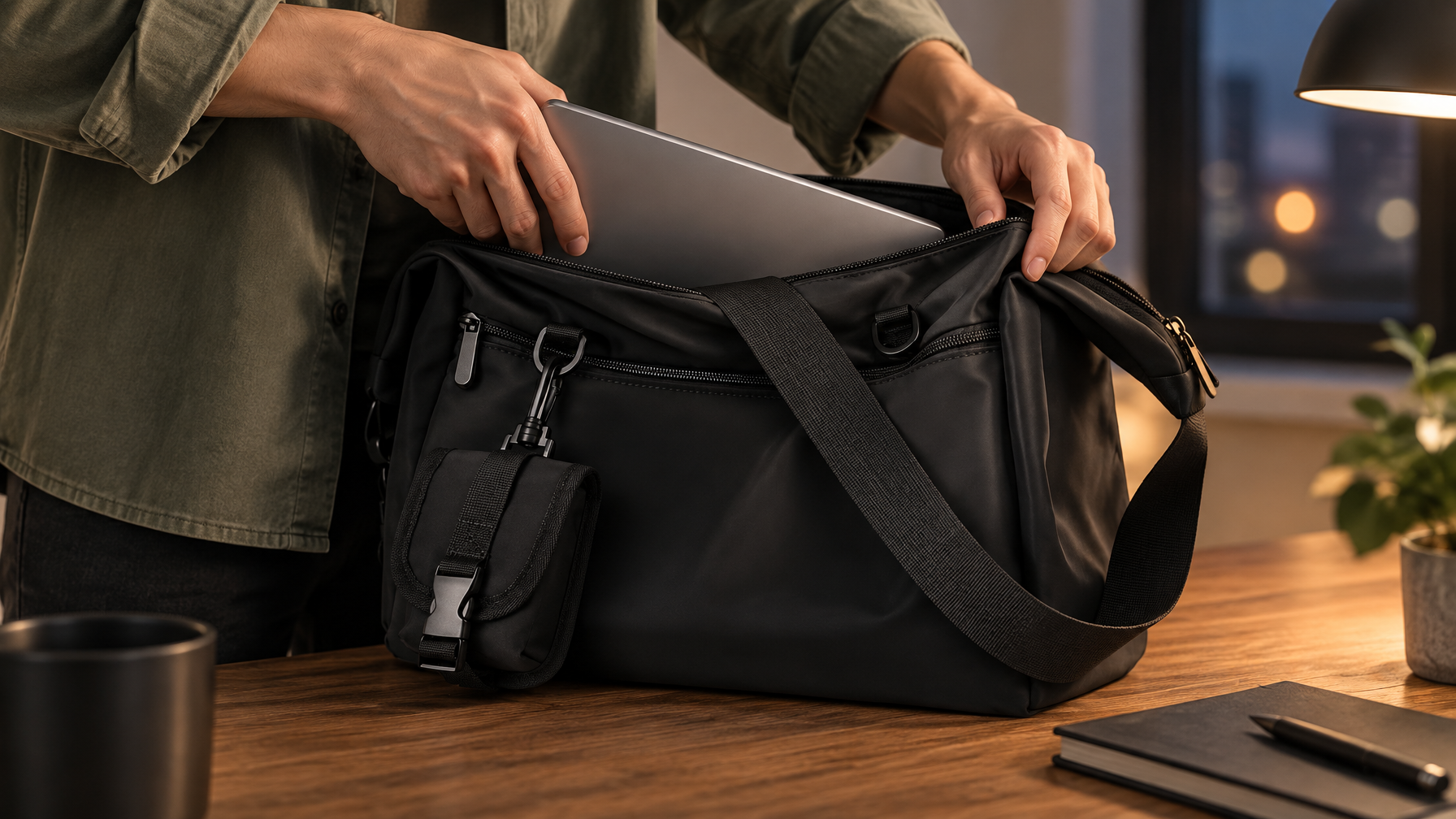 Hands placing a closed laptop into the open main compartment of a black messenger with a small pouch on the front