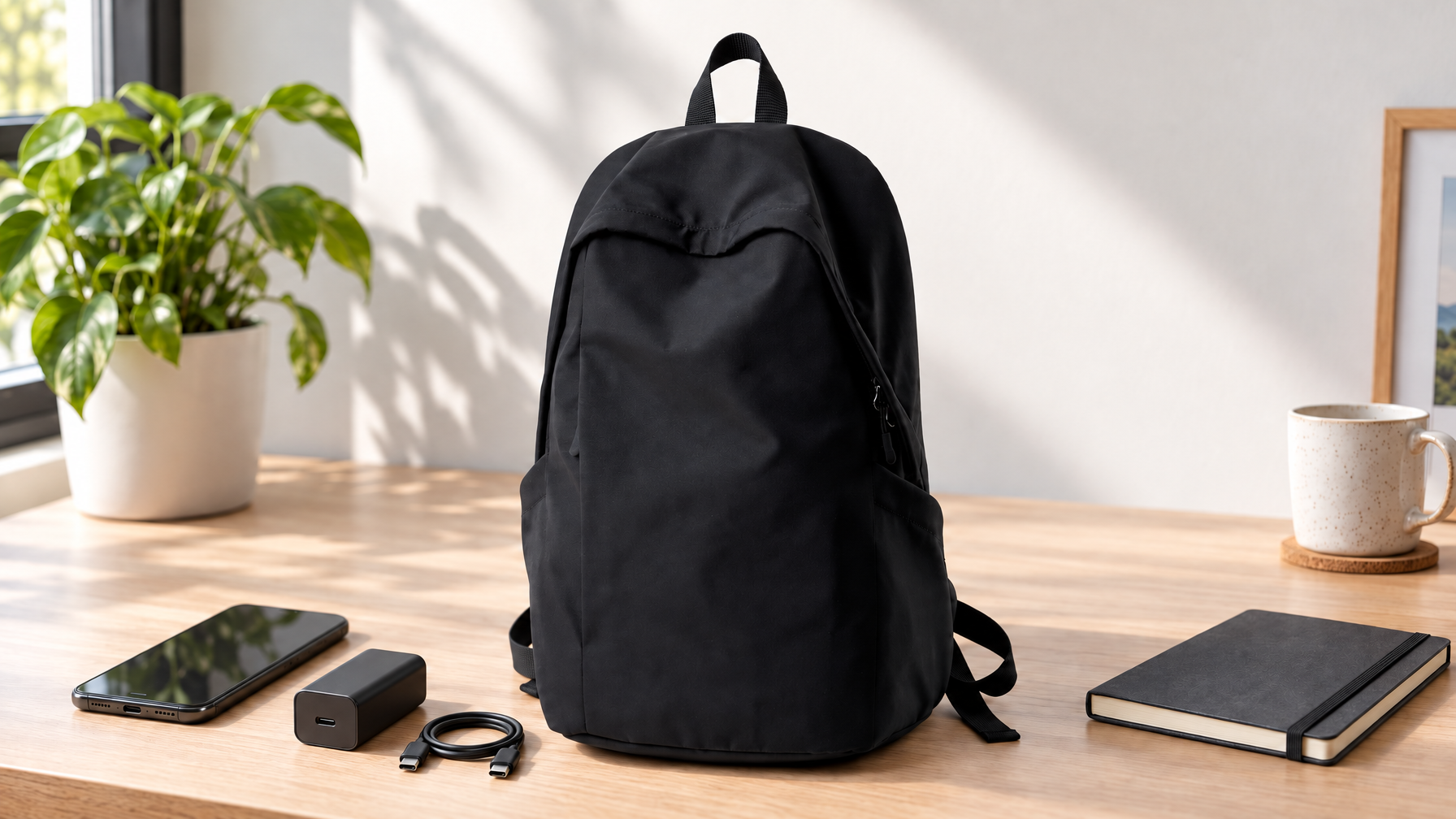 Slim power brick, short cable, phone, and thin notebook on a clean desk