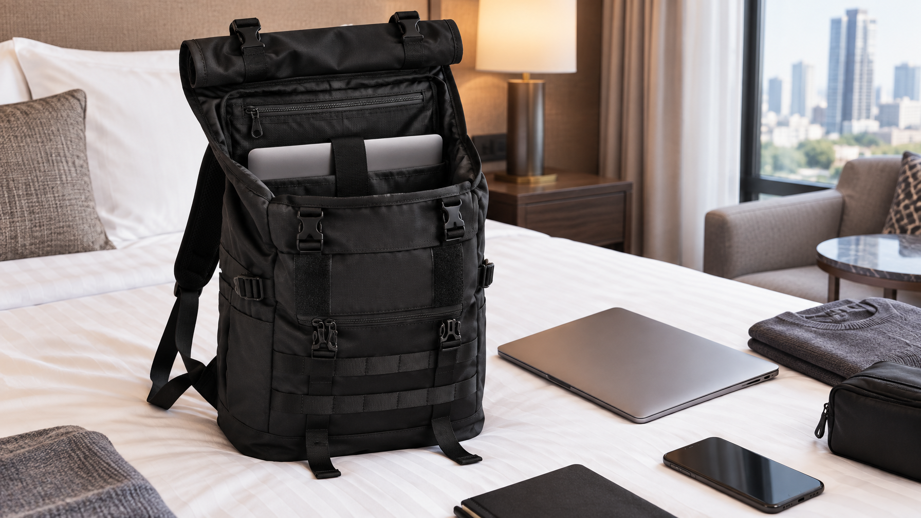 Open black roll-top backpack on a hotel bed with a closed laptop beside a dedicated sleeve