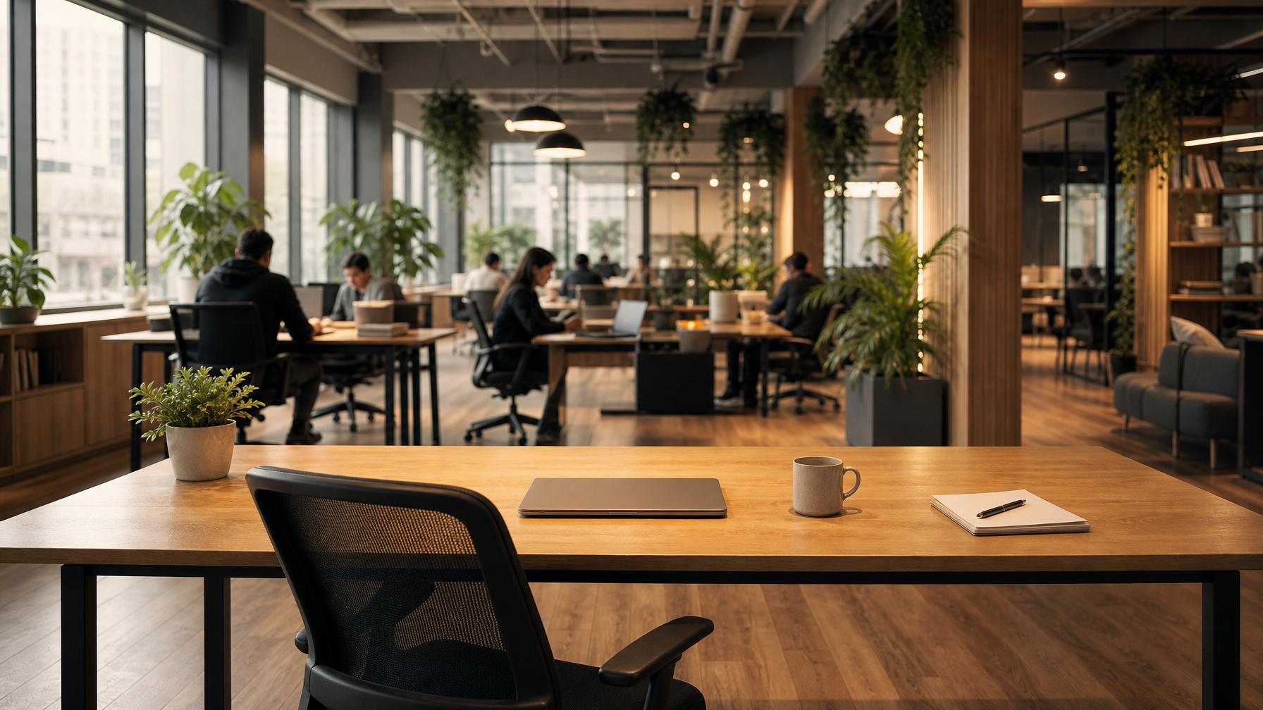 Wide interior shot of a modern coworking space — warm wood surfaces, plants, large windows with afternoon light, empty desk in foreground ready to be claimed