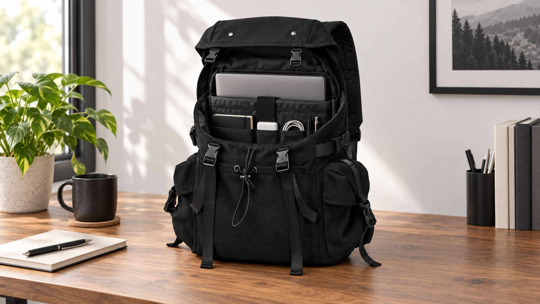Open black 26L flap-top everyday backpack with a closed 15.6-inch laptop in the dedicated laptop compartment on a light oak desk