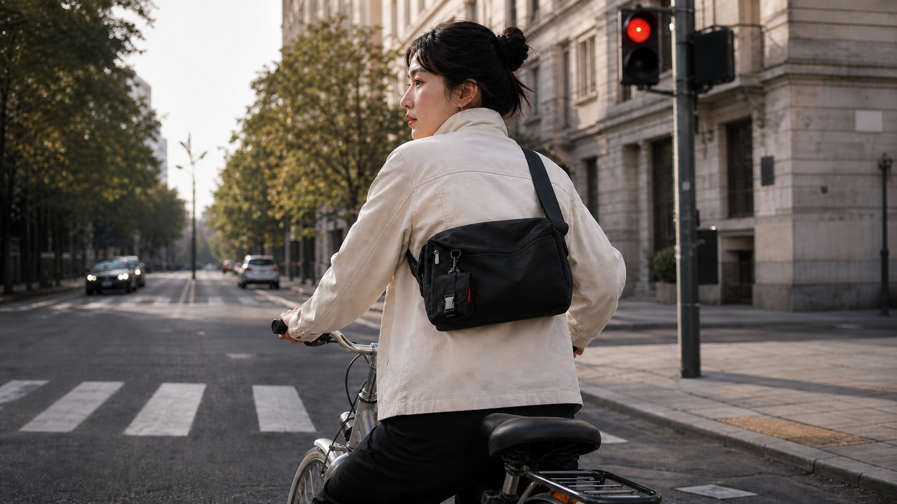 Cyclist at a city red light with a black messenger worn high and tight across the back
