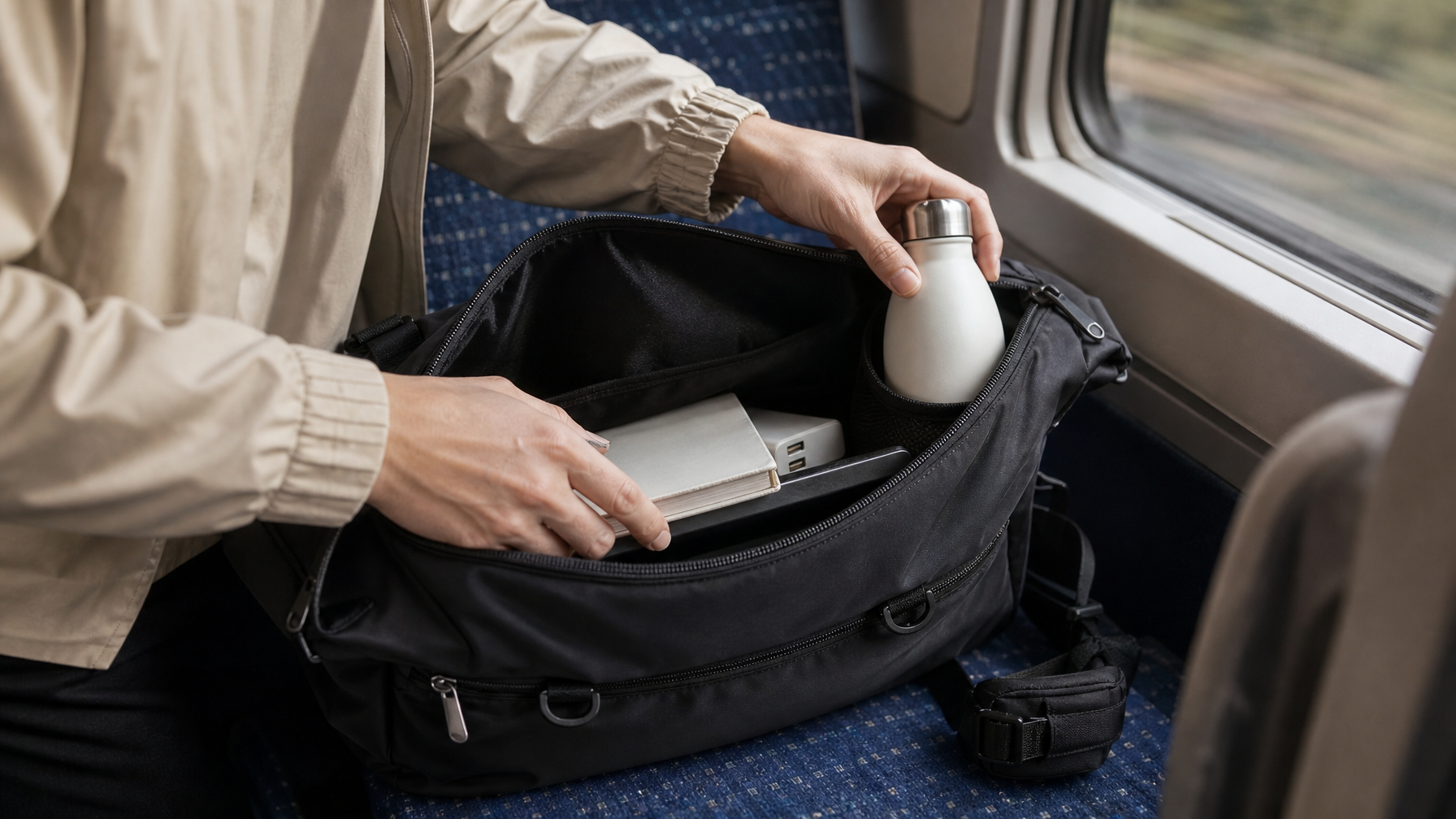 Hands packing a water bottle, charger, and notebook into an open black bag on a train seat