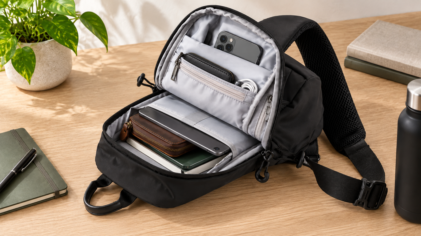 Open black Vector Sling on a light oak desk with a closed 11-inch tablet seated in the named iPad sleeve