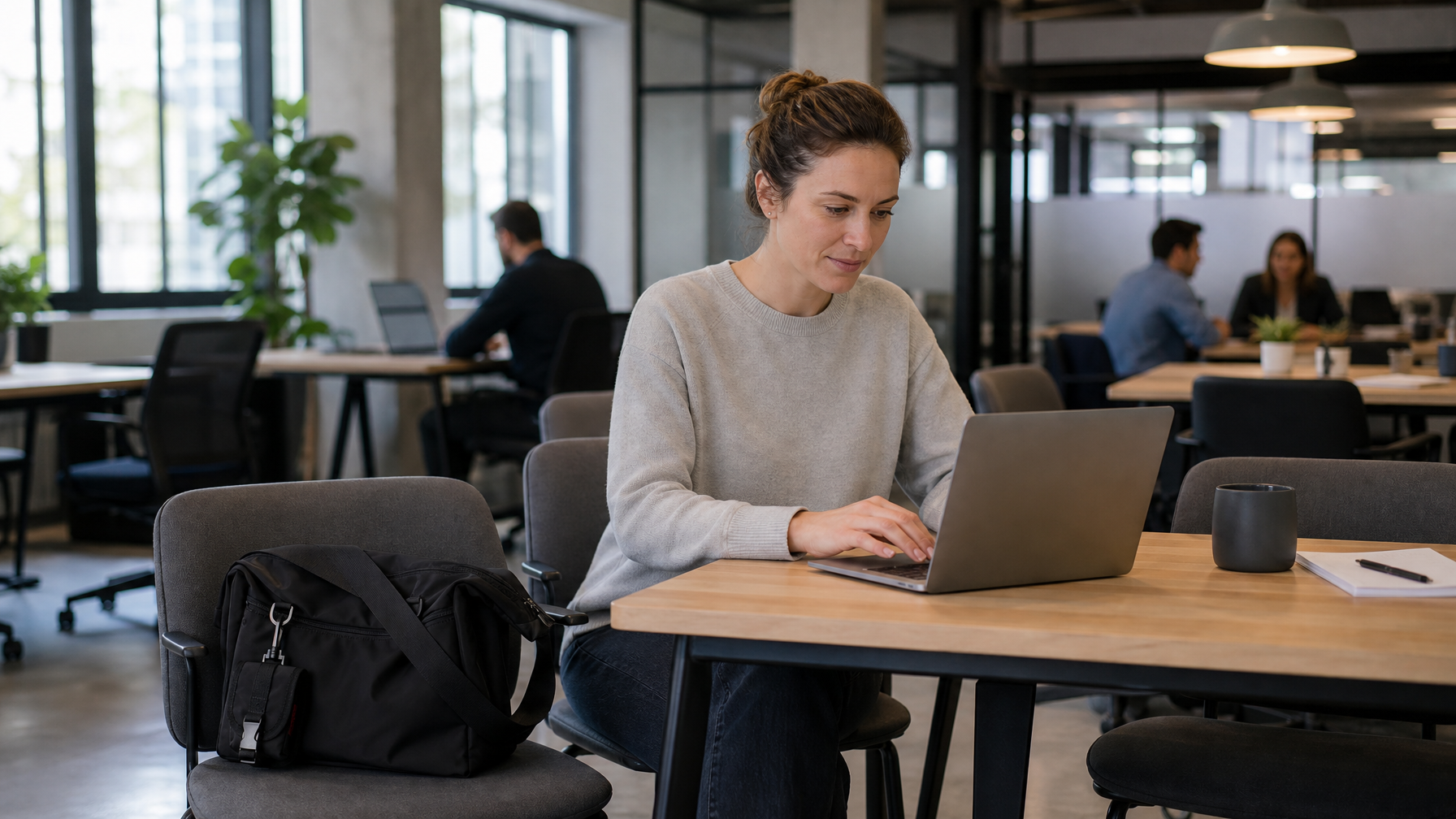 White woman in mid-30s arriving at a co-working hot desk, matte black messenger bag on the chair beside an opening laptop