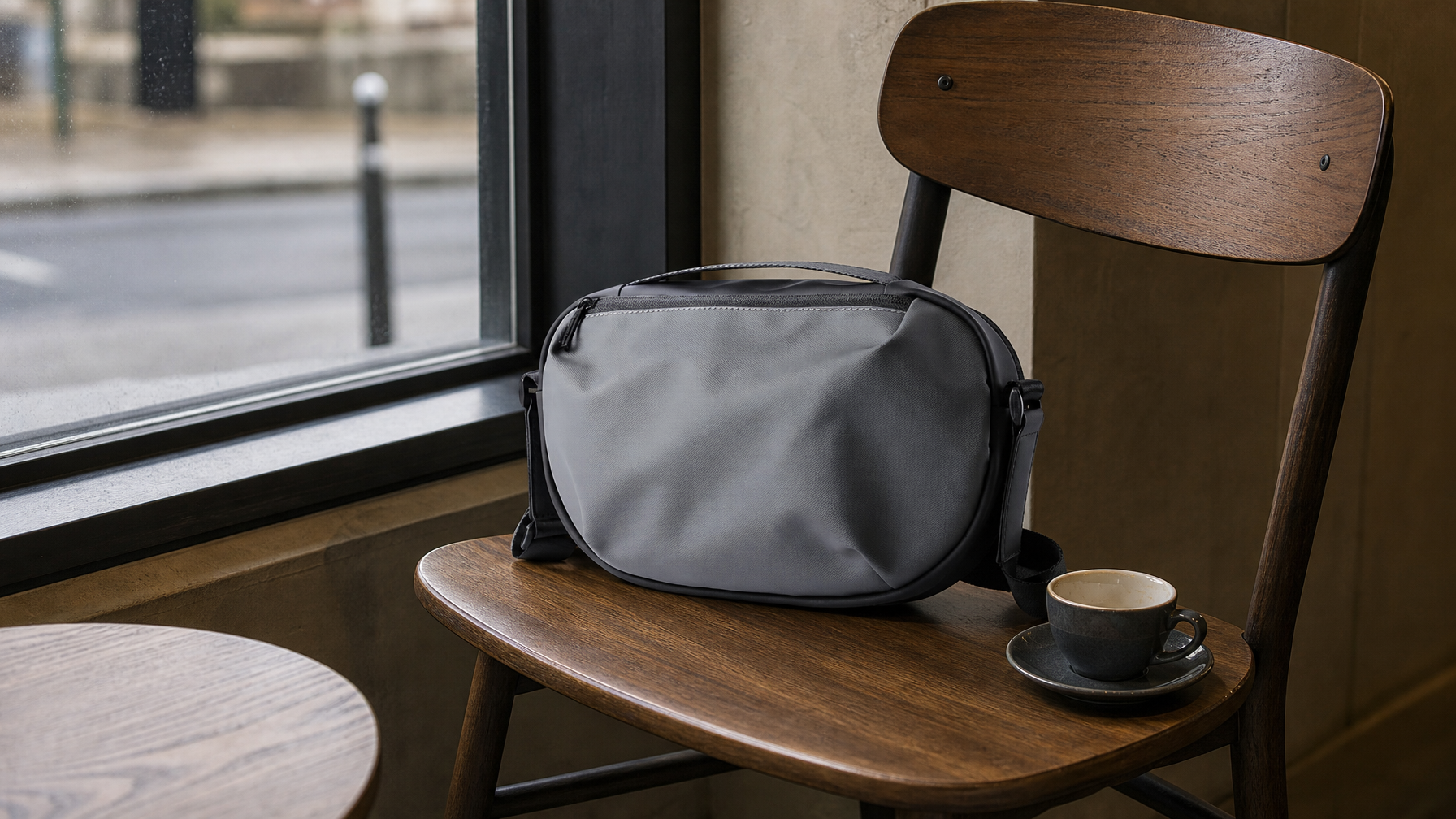 Person at a cafe table with a closed laptop and a black messenger on the chair after a short walk
