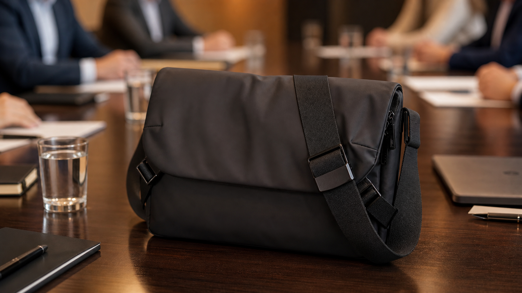 Metro Laptop Brief sitting closed and composed on a modern conference room table with blurred meeting participants in the background
