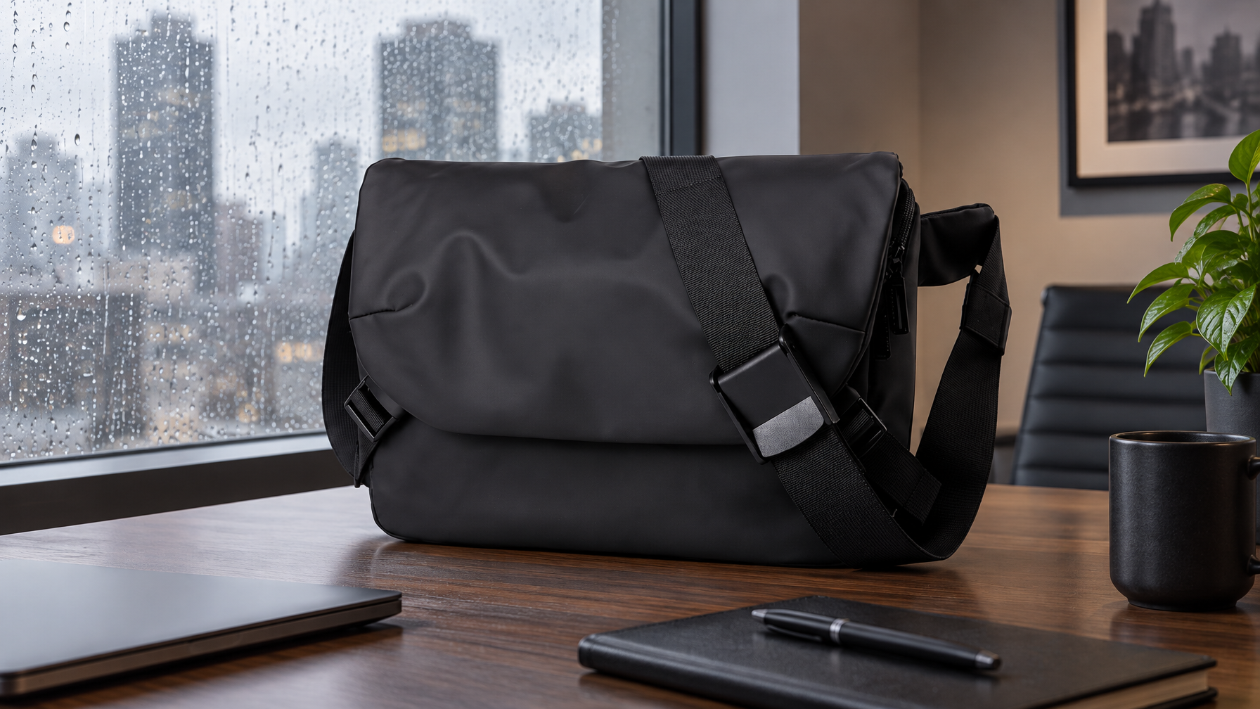 Black slim laptop brief standing by a rain-wet office window