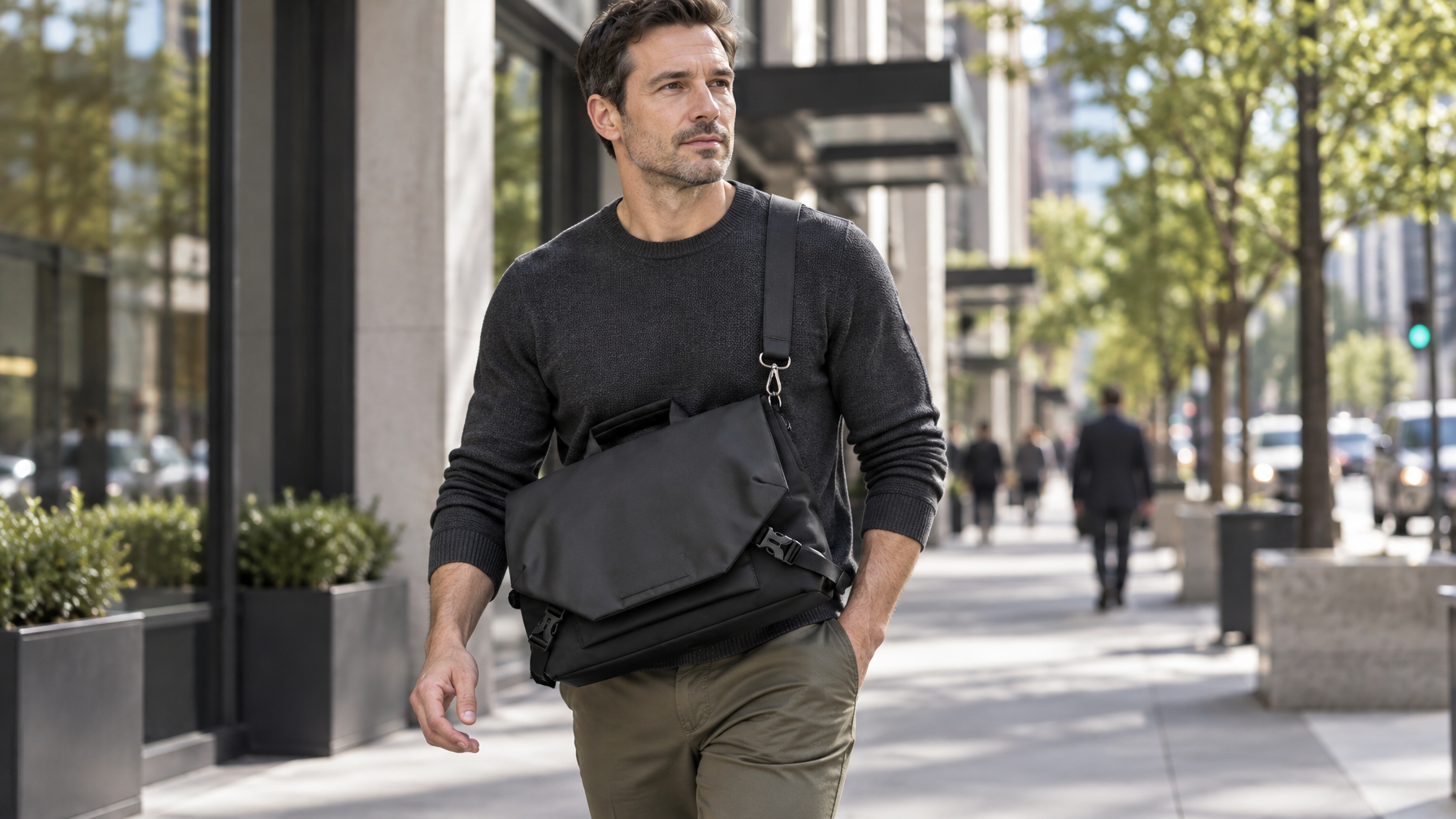 Man walking a downtown sidewalk with a slim black laptop brief worn crossbody