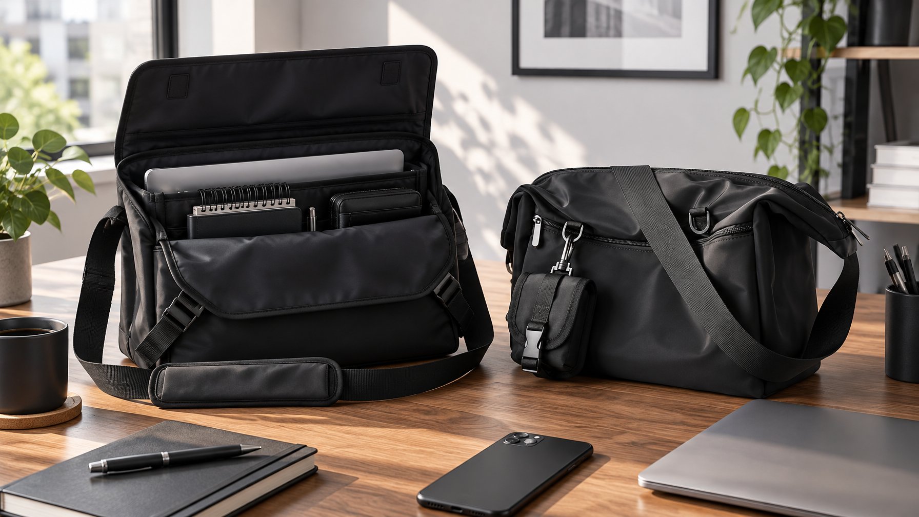 Open black flap laptop brief beside a closed black top-zip messenger on a sunlit desk