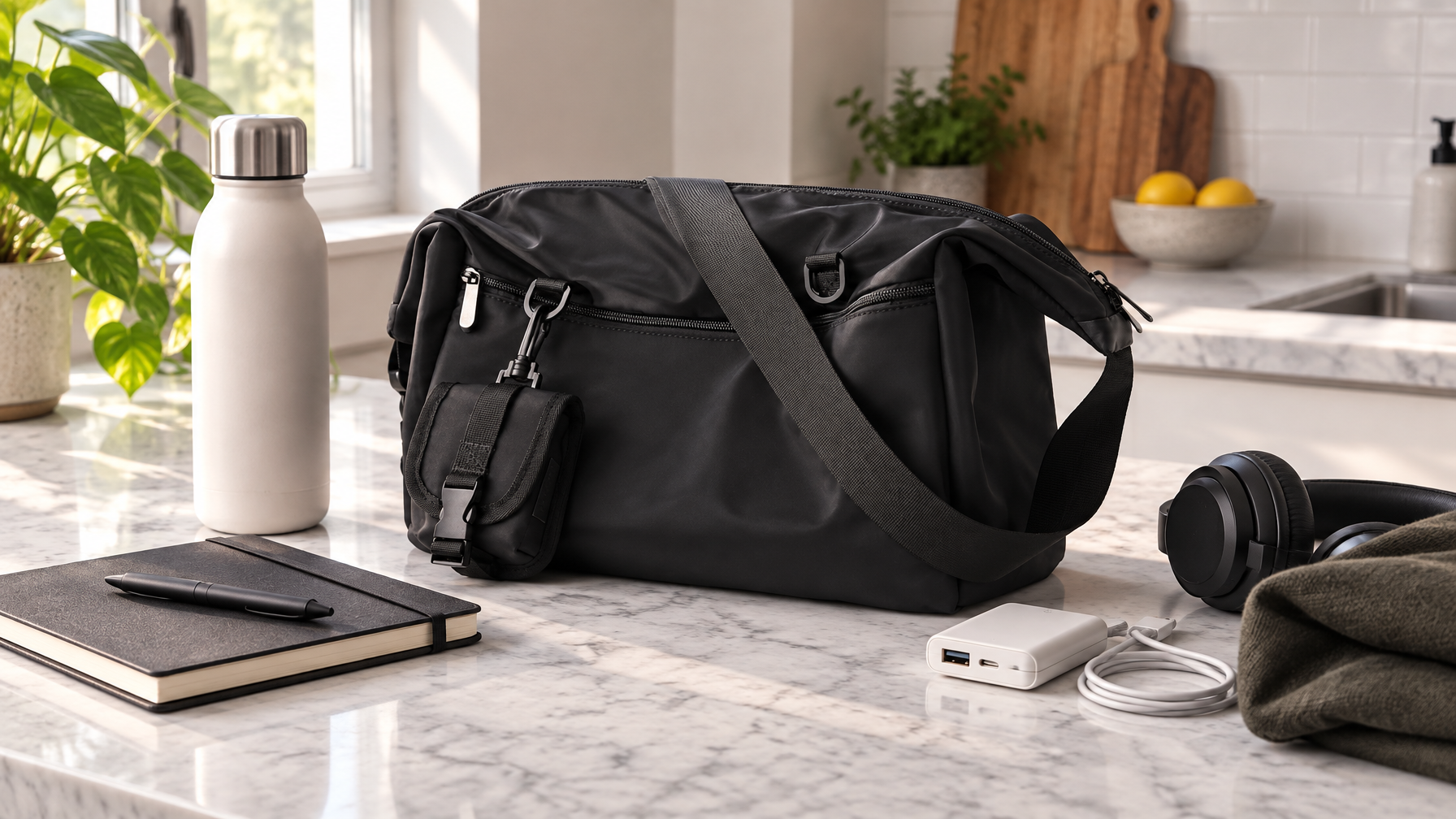 Black 14-inch messenger on a kitchen counter with a water bottle, notebook, and charger for a mixed weekday load