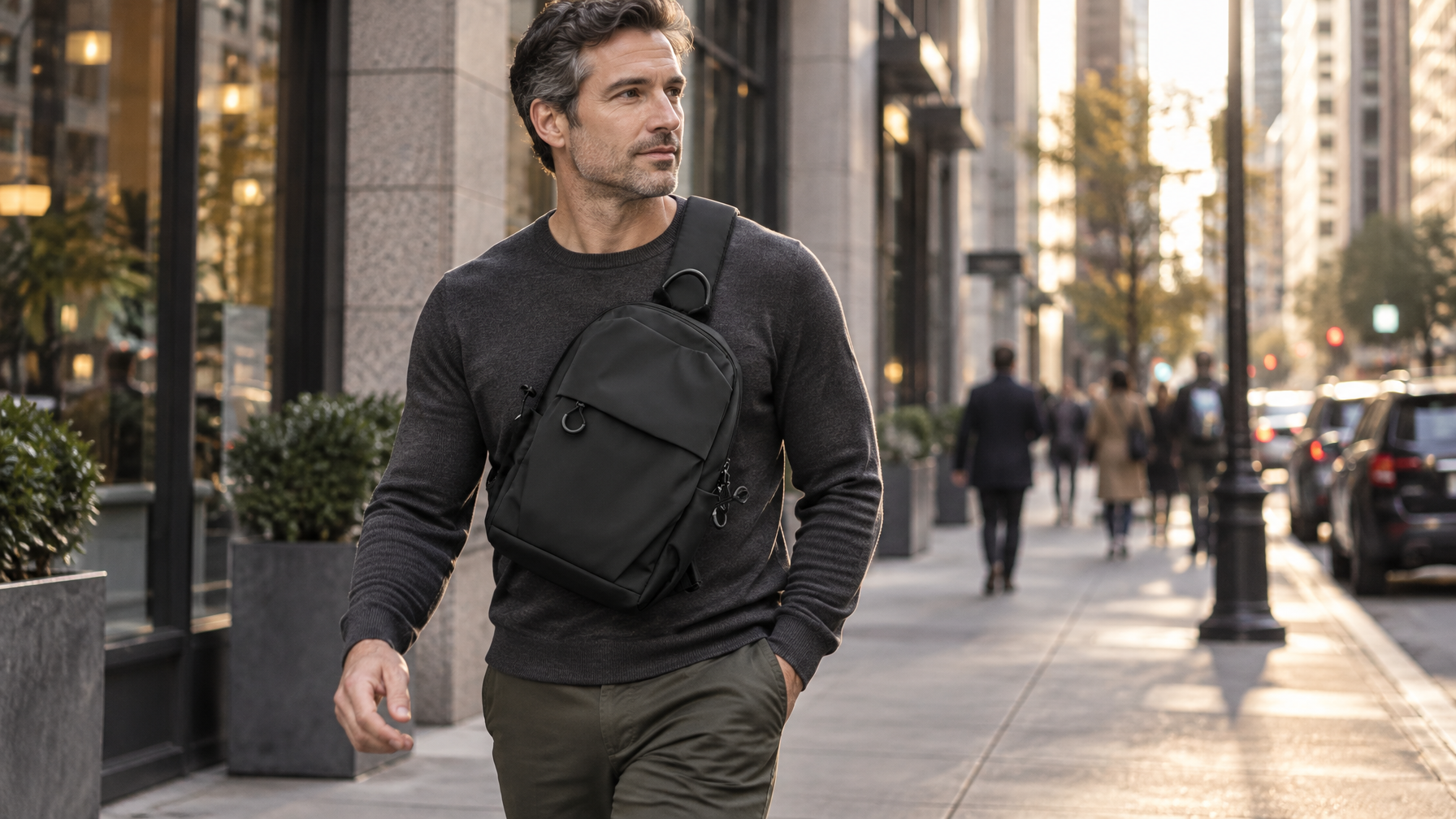 Man walking a downtown sidewalk with a black structured sling worn across the chest