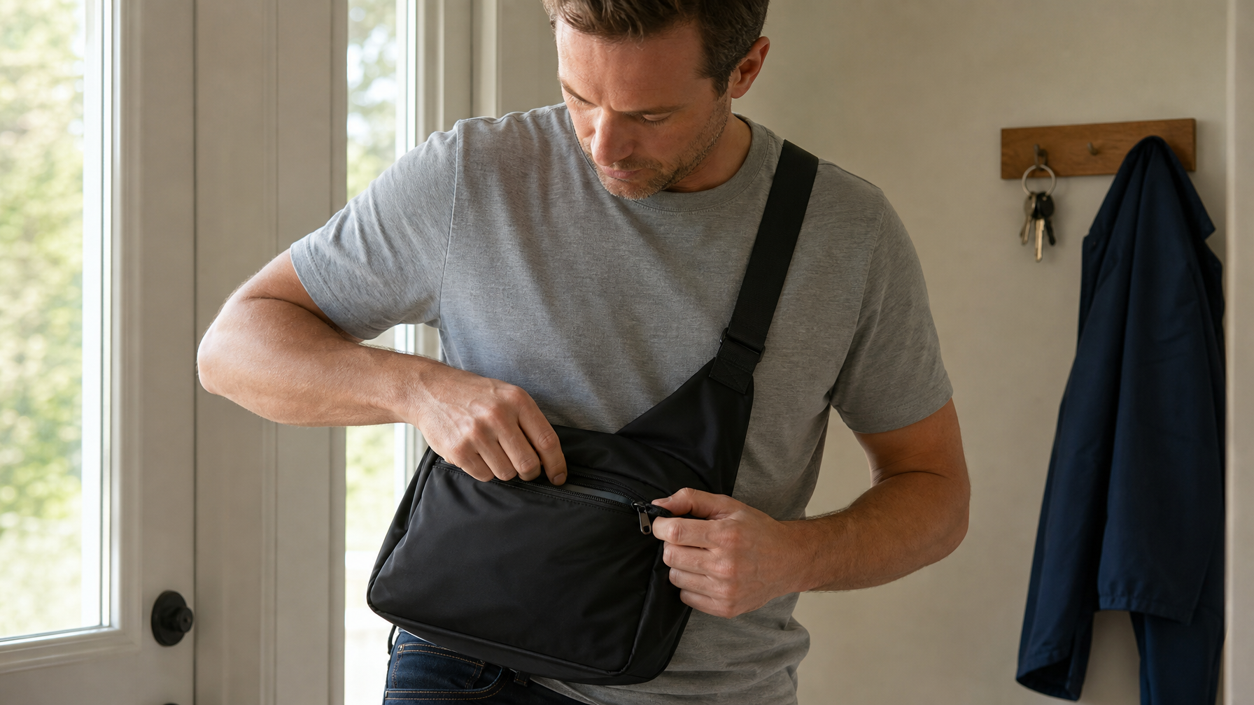Close-up of person accessing hidden back zip pocket of crossbody bag at apartment entryway