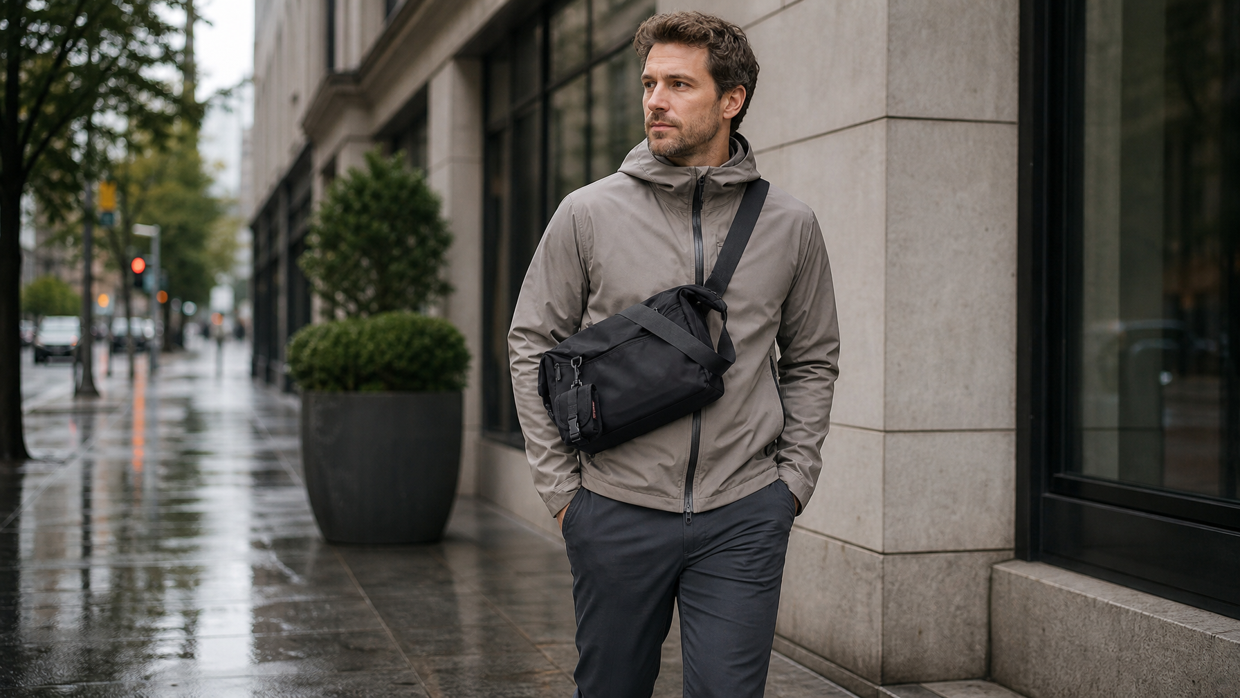 Person walking a wet city sidewalk with a black crossbody messenger bag after light rain