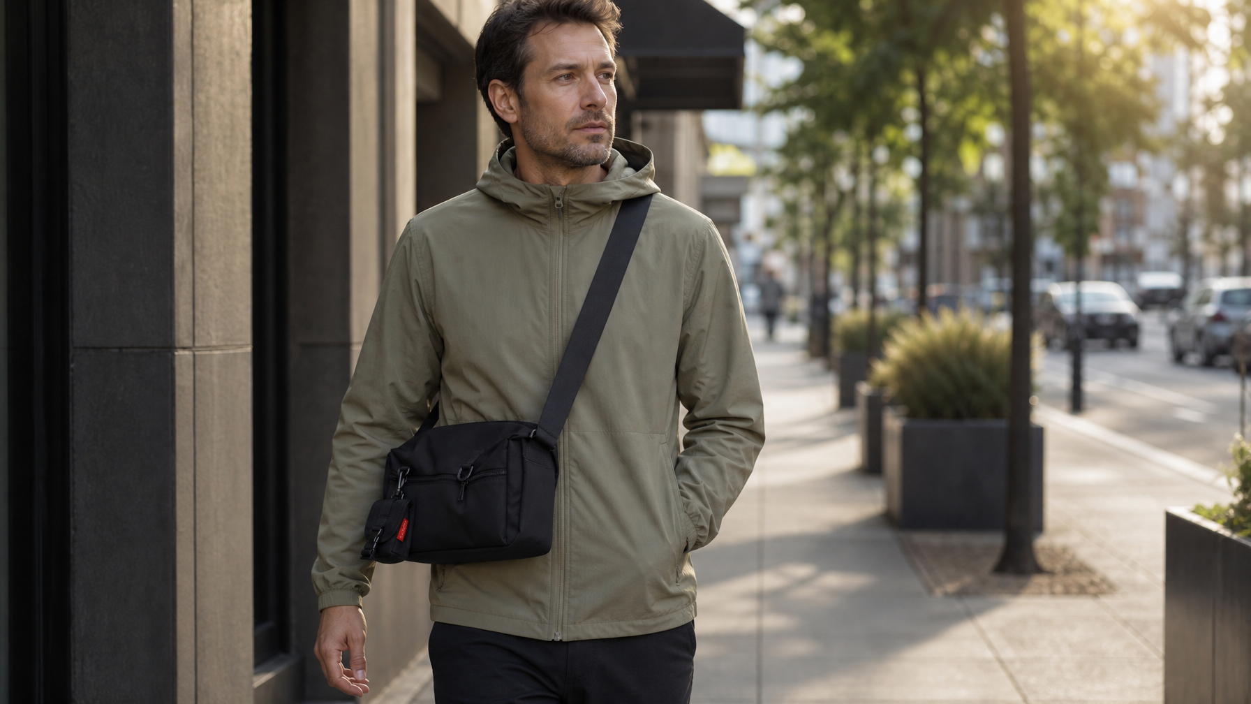 Person walking on a city sidewalk with a black crossbody messenger worn high at the hip
