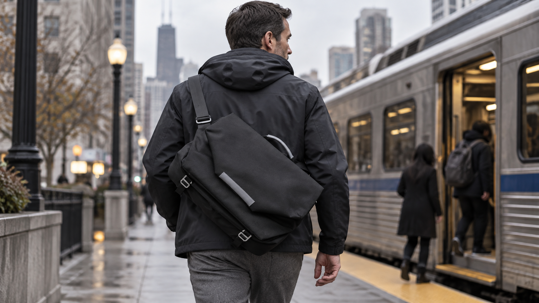 Man wearing a black fold-over flap messenger cross-body on a city sidewalk toward transit