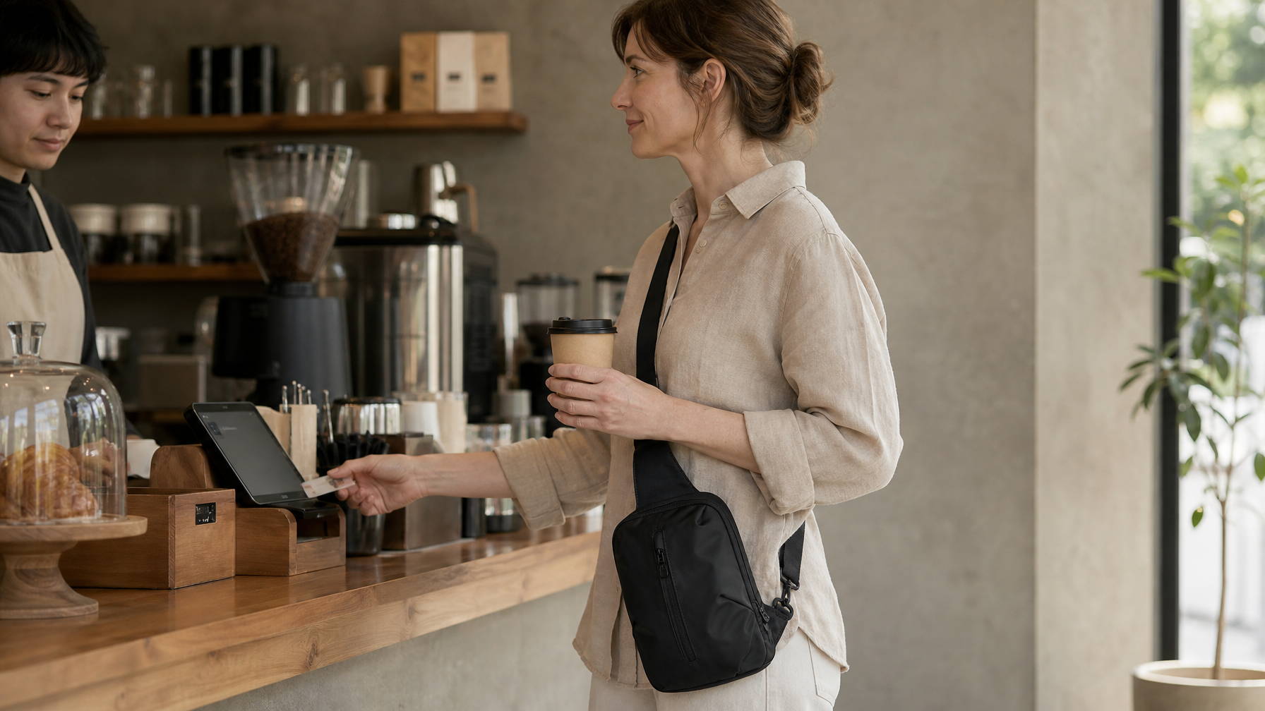 White woman mid-30s at a café counter with coffee and a compact matte black everyday bag at her side