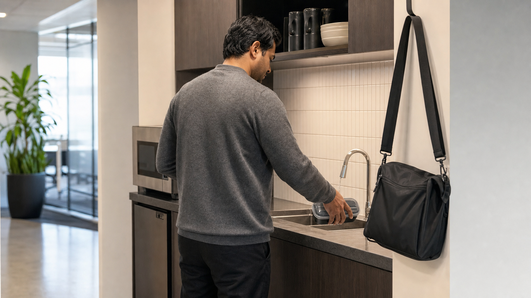 Over-the-shoulder view of a man at an office microwave nook with an empty sealed container at a sink and a closed black messenger on a hook