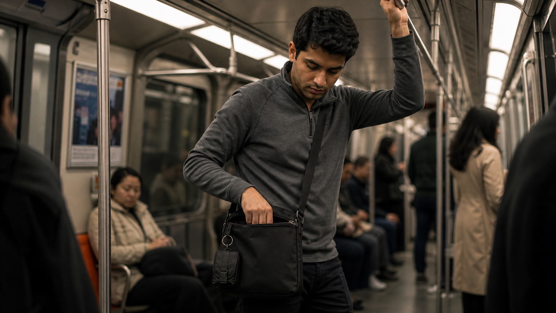 South Asian male commuter standing in a subway car, holding an overhead rail with one hand while reaching into a matte black crossbody messenger bag at his hip with the other