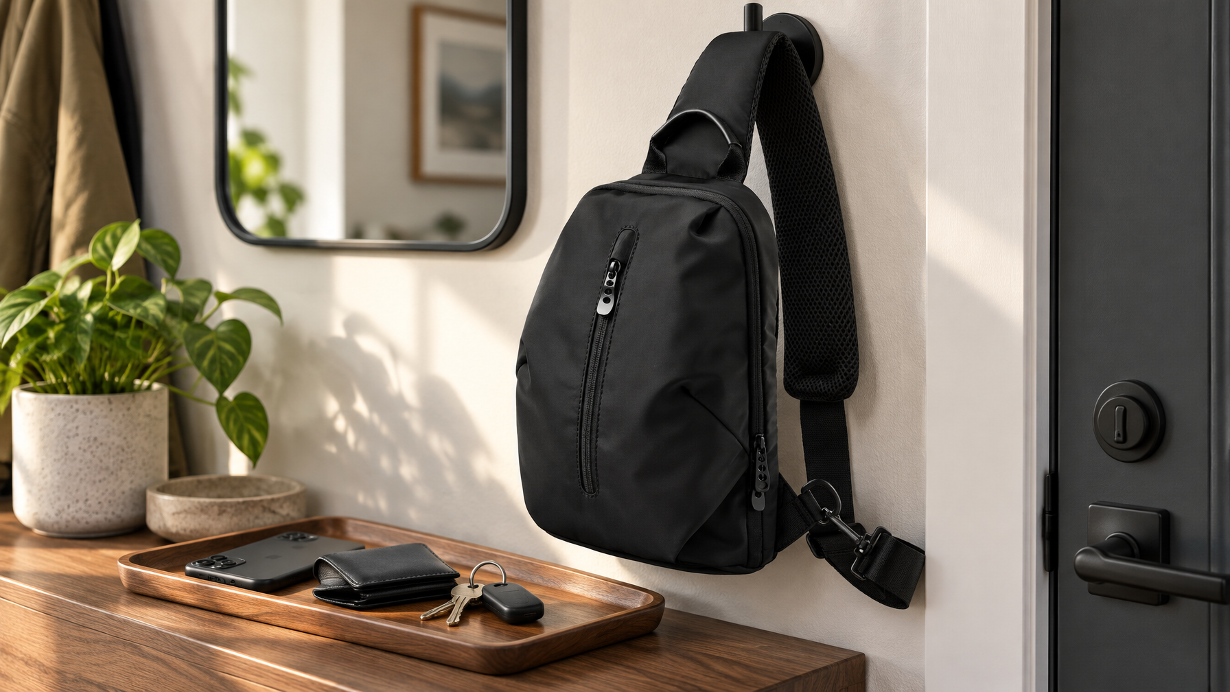 Black commuter sling hanging by a door with phone, wallet, and keys ready for a morning exit