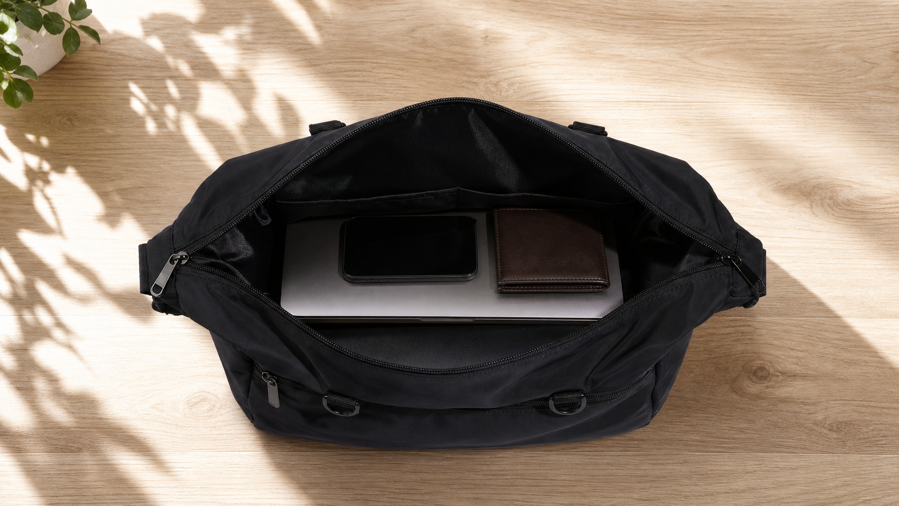Overhead flat lay of a small open black messenger bag with laptop, phone, and wallet only on light wood