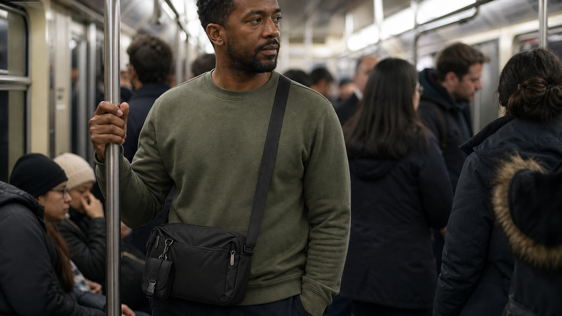 Commuter standing in a crowded subway car with a closed black messenger bag worn crossbody