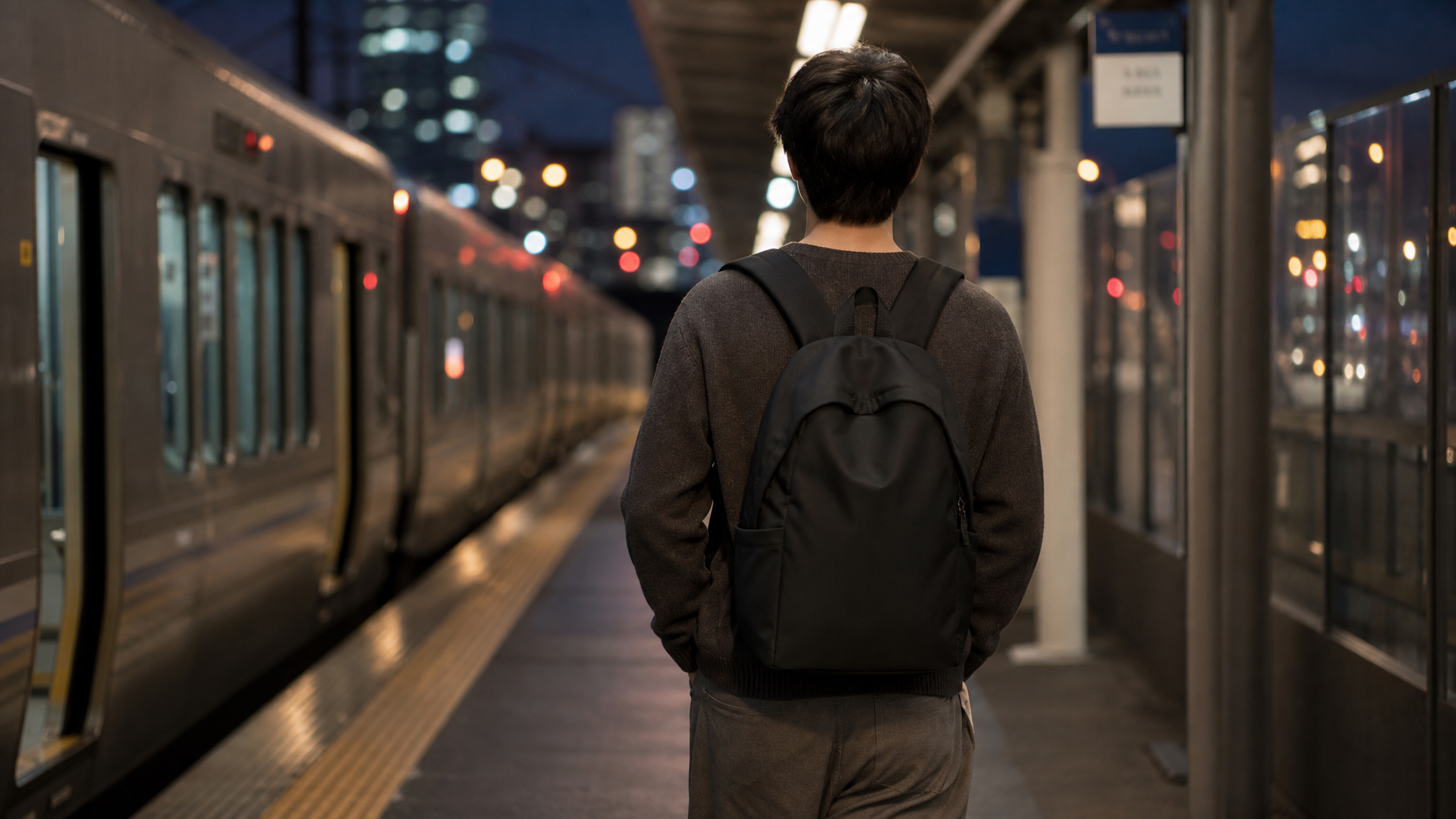 Commuter walking a train platform with a light black backpack after cutting desk gear from the load