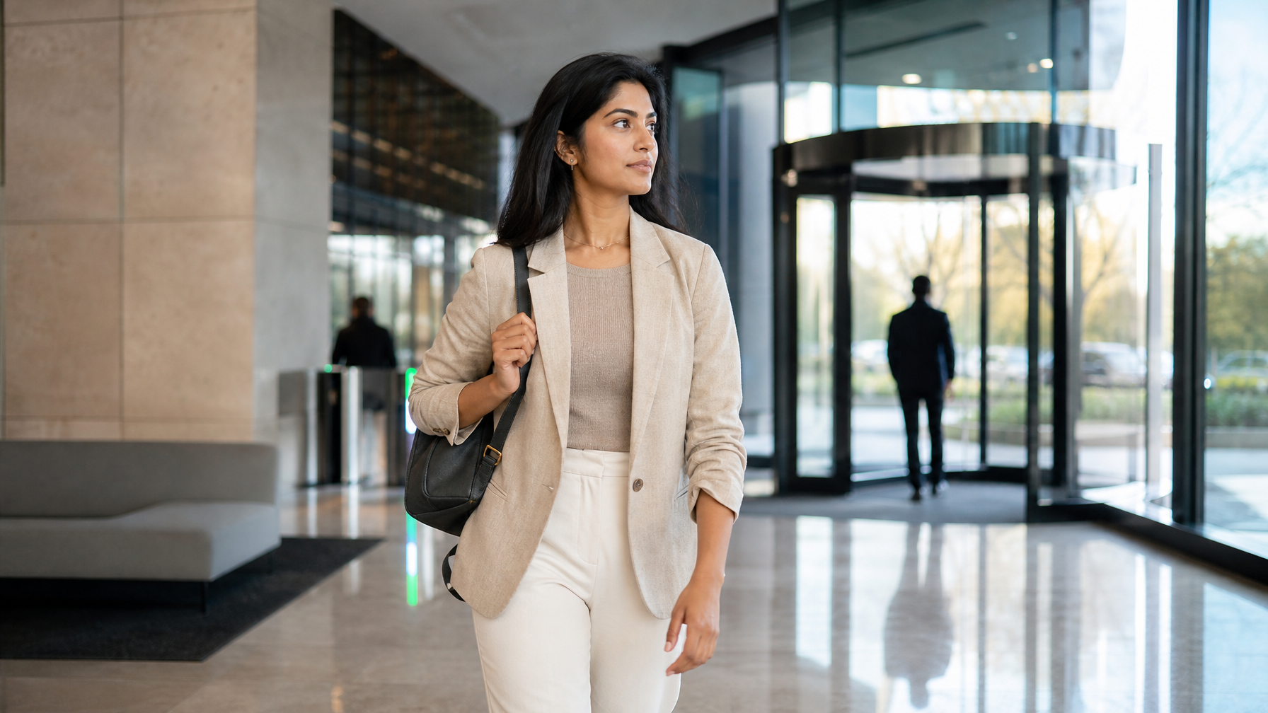 Woman walking through a modern office lobby with a compact backpack on one shoulder
