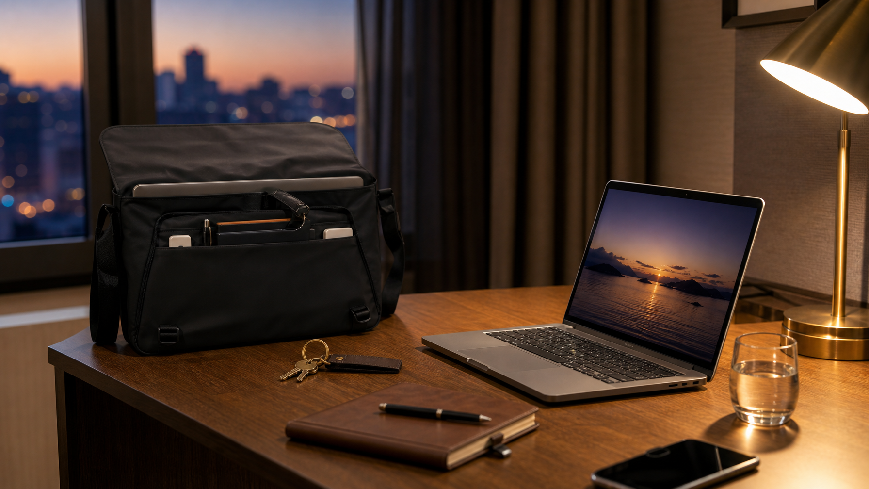 Hotel room desk setup at dusk with an open laptop brief, laptop, and notebook under warm lamp light