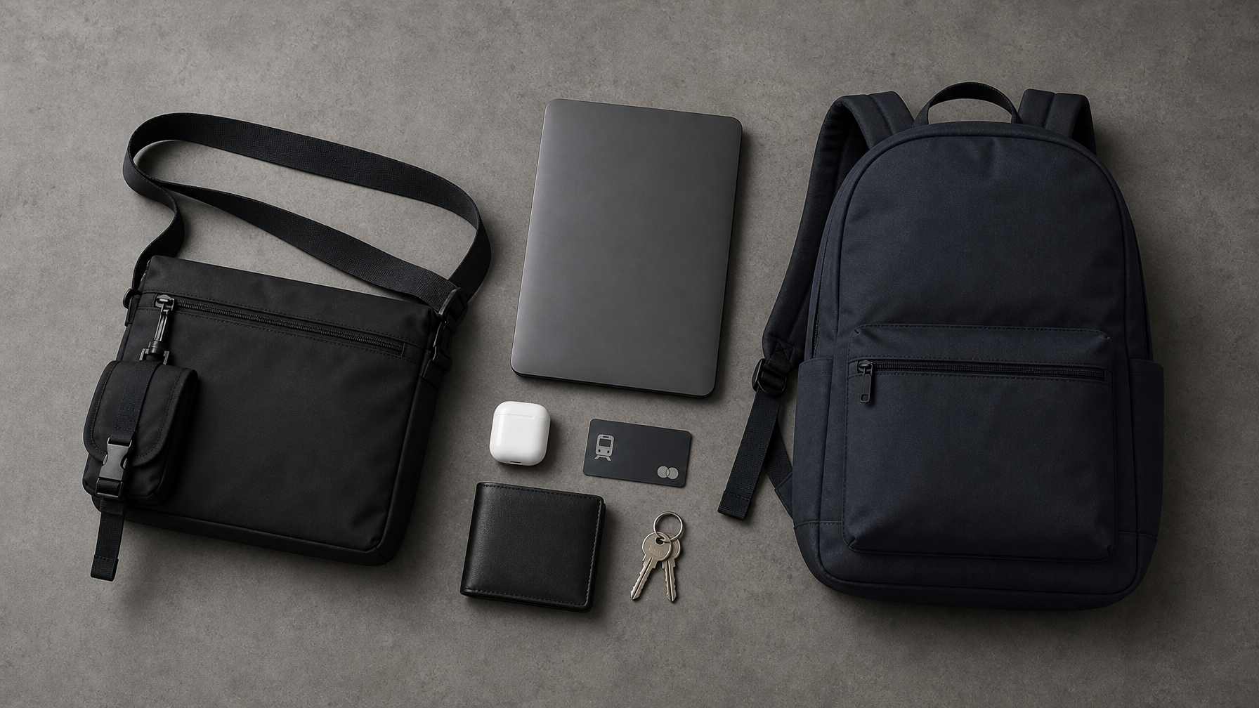 Overhead flat lay comparison of a messenger bag and a backpack side by side on slate surface, with a laptop, transit card, wallet, and earbuds