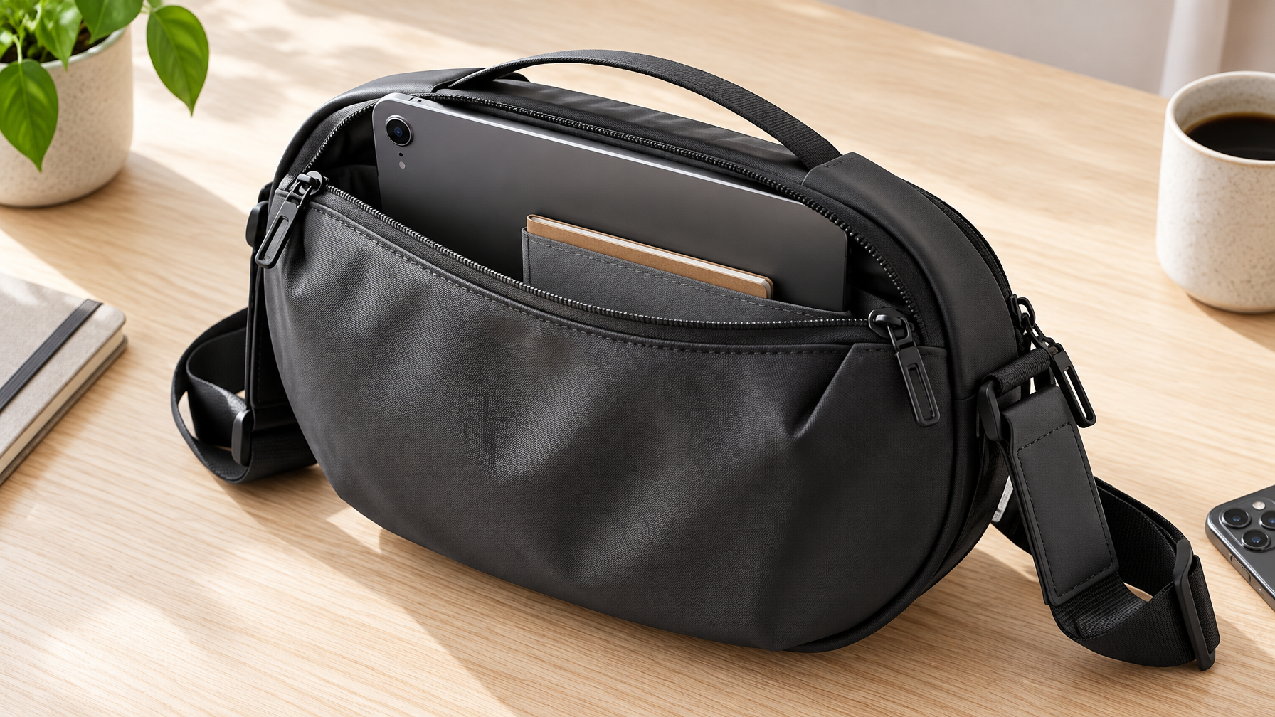 Open black travel crossbody with a compact tablet at the dual-zip main compartment on a pale wood table