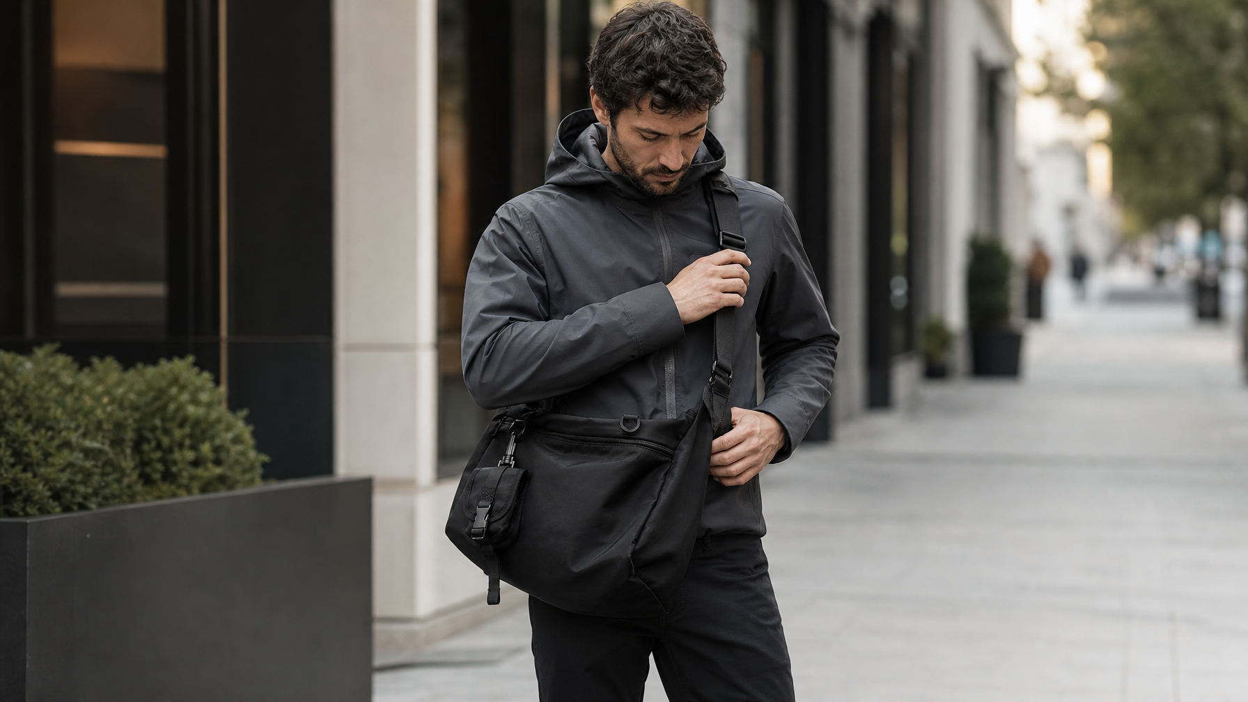Man in early 30s wearing a charcoal Arc'teryx-style technical softshell jacket adjusting the wide black seatbelt strap of a large matte black crossbody messenger bag on a city sidewalk, relaxed and confident posture