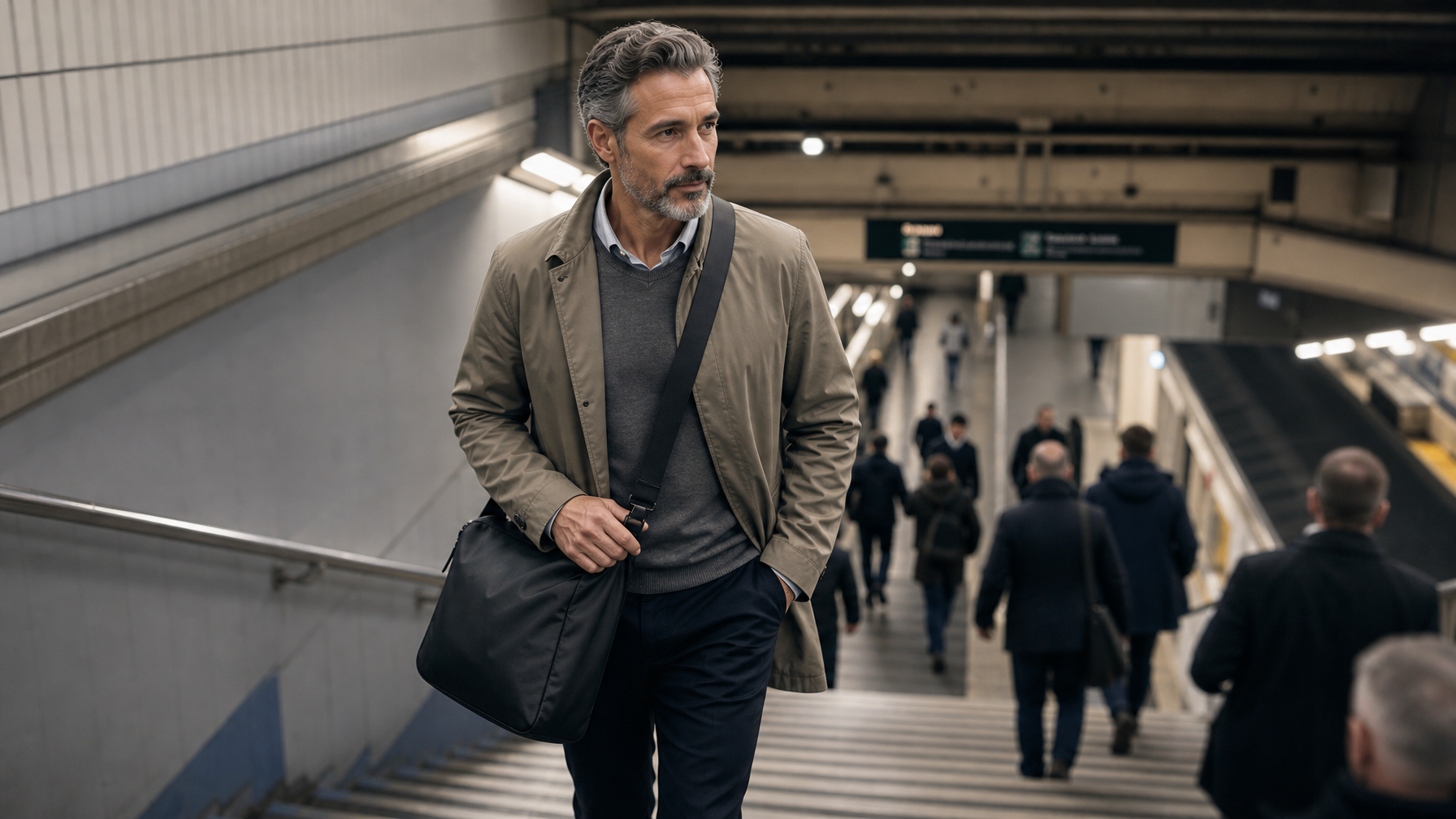 Urban commuter male early 50s walking down wide subway station stairs with a large matte black crossbody messenger bag worn diagonally at hip level, calm unhurried energy in morning commute setting