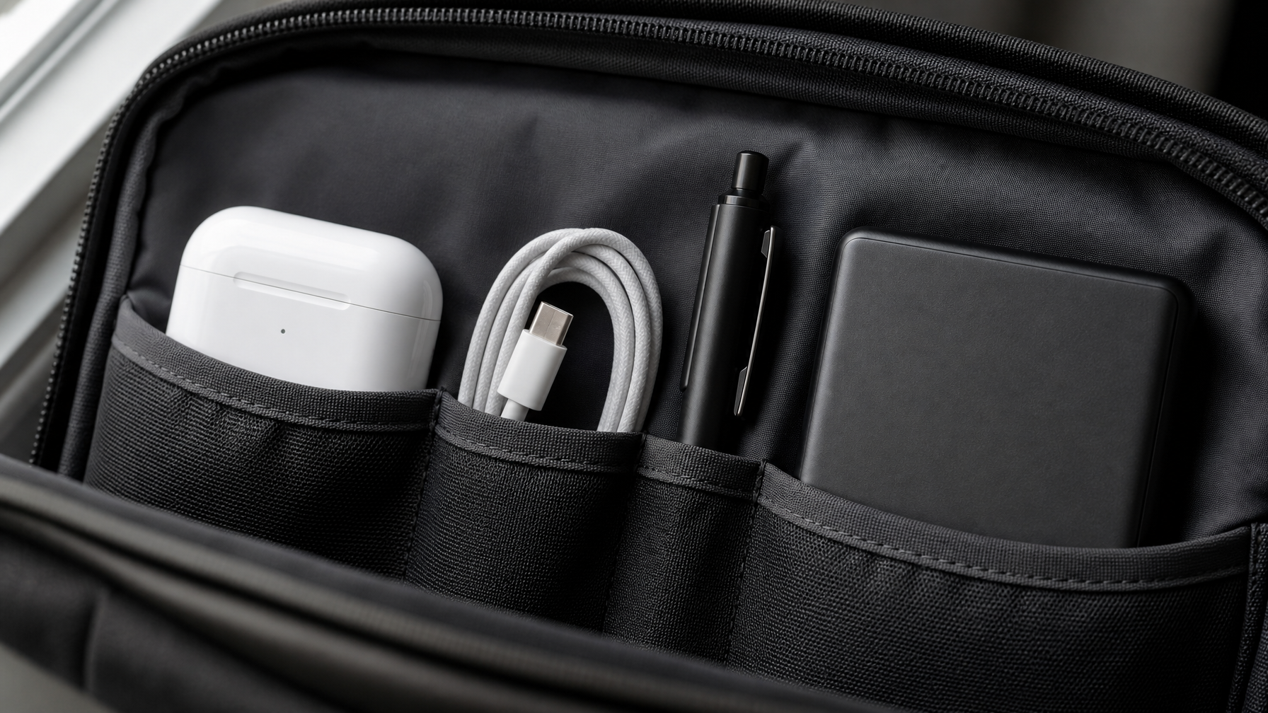 Close-up of an open bag organizer pocket interior — AirPods Pro charging case, slim coiled USB-C cable, black fine-tip pen, and compact portable charger arranged neatly inside a padded pocket with dark interior lining