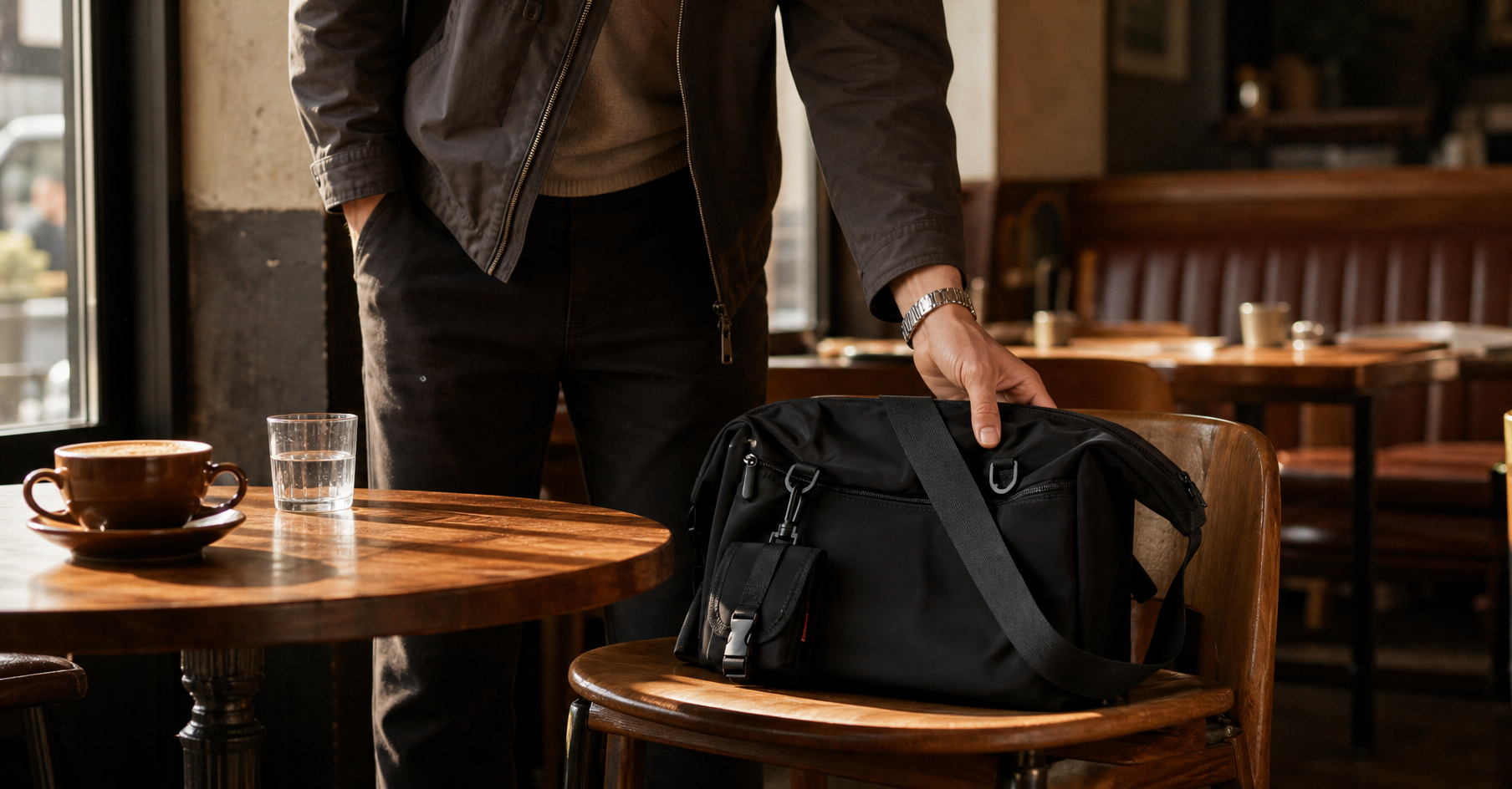 Person settling a large matte black commuter crossbody bag onto a café chair beside a small wooden table, warm morning window light, café interior softly blurred in background