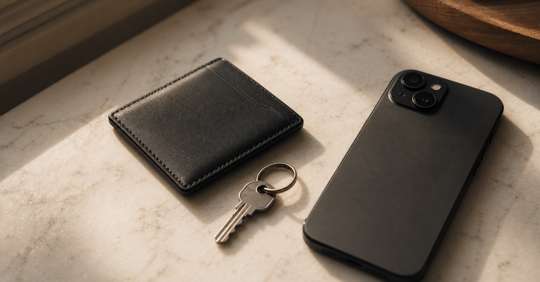 Angled close-up of three core everyday carry items on pale marble surface — slim card wallet, single key on minimal ring, and smartphone — in warm natural morning light