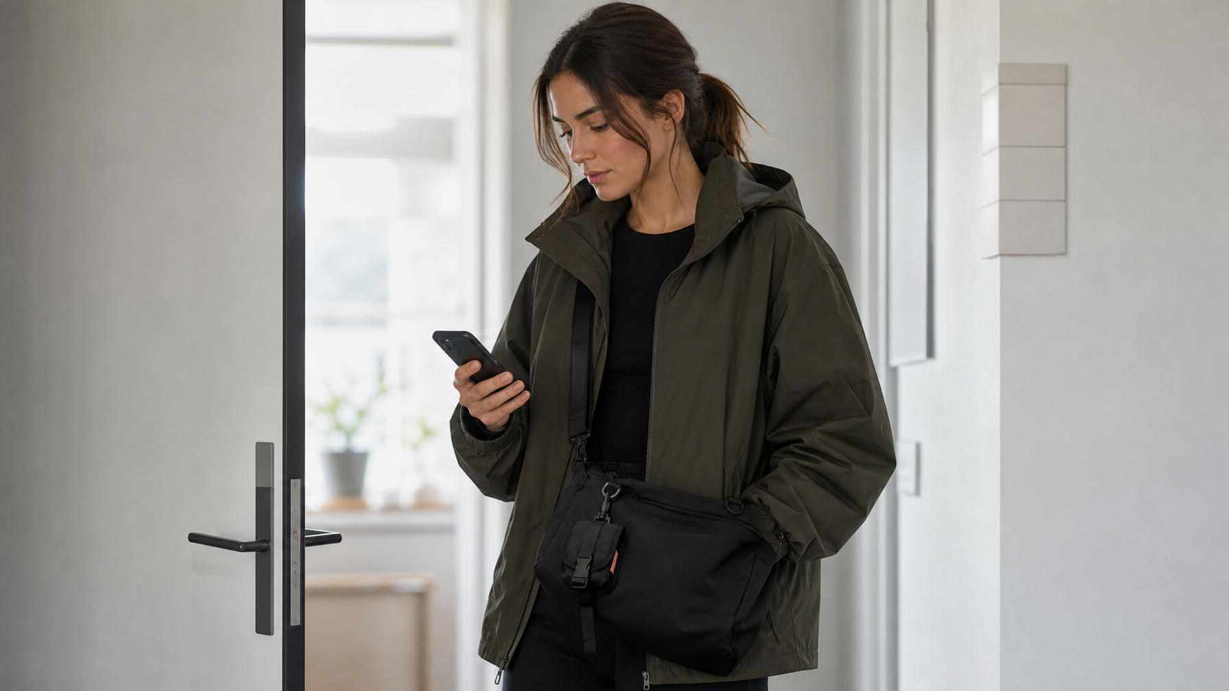 Woman in early 30s wearing an unbranded dark olive technical jacket, checking her phone at a bright apartment doorway as she prepares to leave for the day, matte black crossbody messenger bag already worn diagonally at hip level — composed, purposeful morning energy