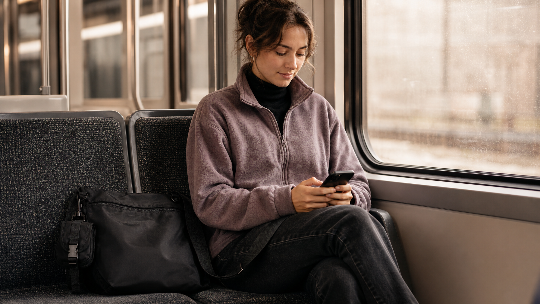 Woman in early 30s wearing a dusty mauve Patagonia-style fleece zip-up over a black turtleneck, seated on a modern commuter train, large matte black crossbody messenger bag resting on the seat beside her, soft morning light through train window
